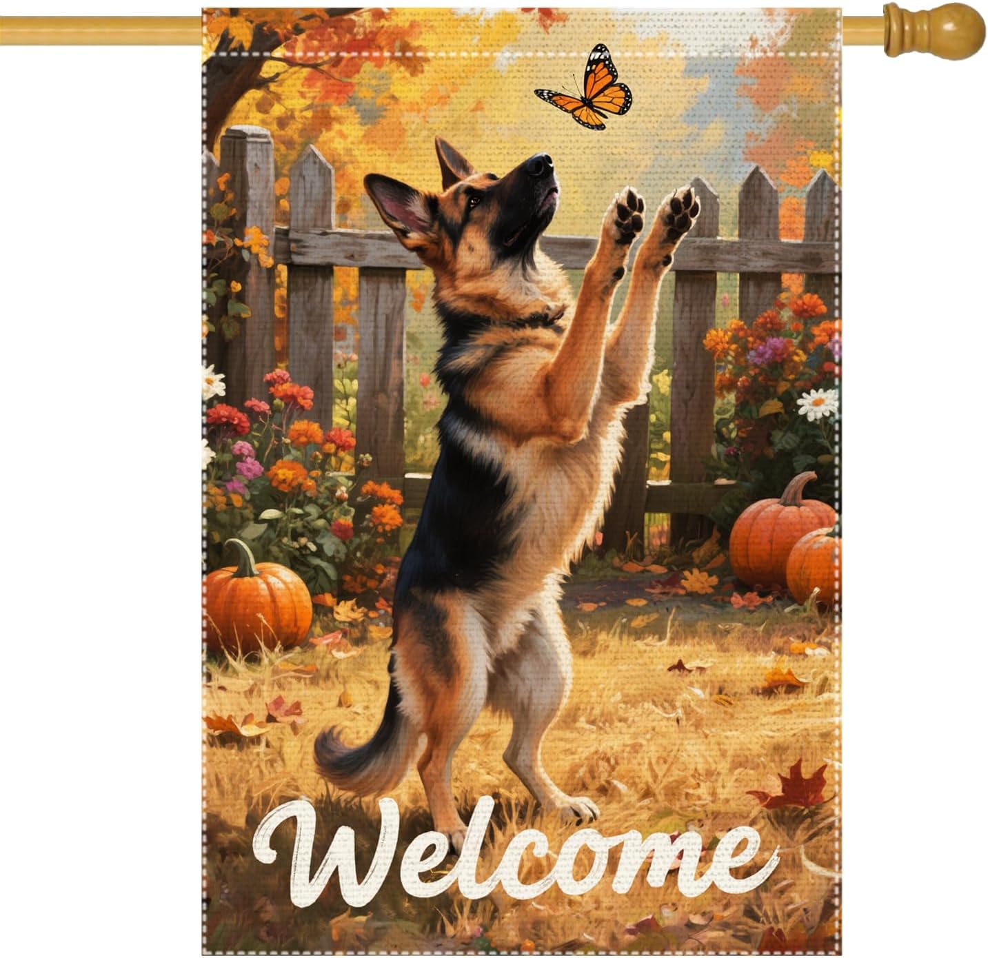 Welcome Fall Garden Flag German shepherd Garden Flags 28X40 Inch Double Sided Vertical Small Pumpkin Villa Outside Patio Burlap Decor Rustic Farmhouse Home Yard Lawn Thanksgiving Decoration