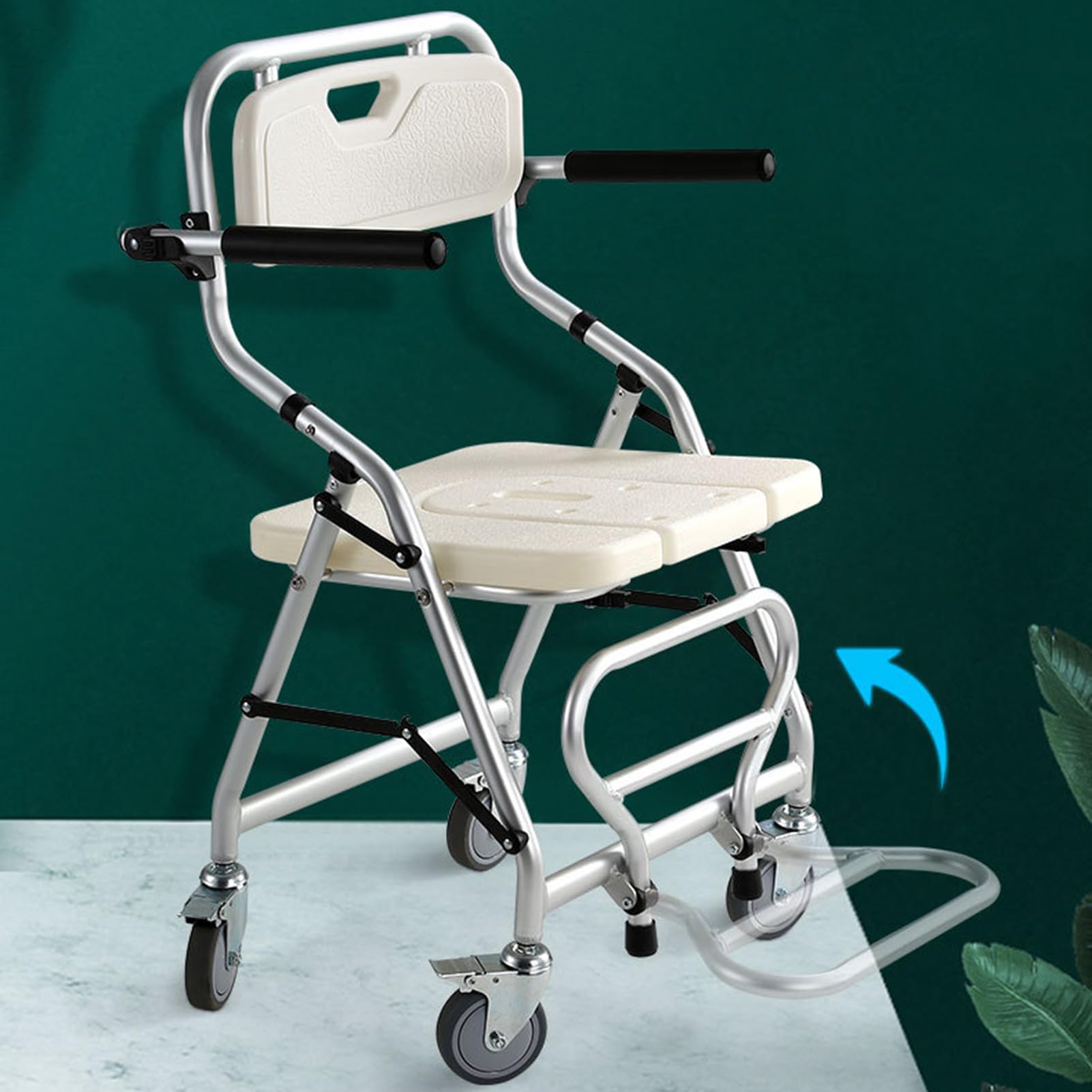 Silla WC Personas Mayores con Ruedas Plegable, Silla para Ducha para Personas Mayores con Pedales Y Respaldo Ergonómico, Silla De Ruedas para Baño, Carga Máxima 120 Kg