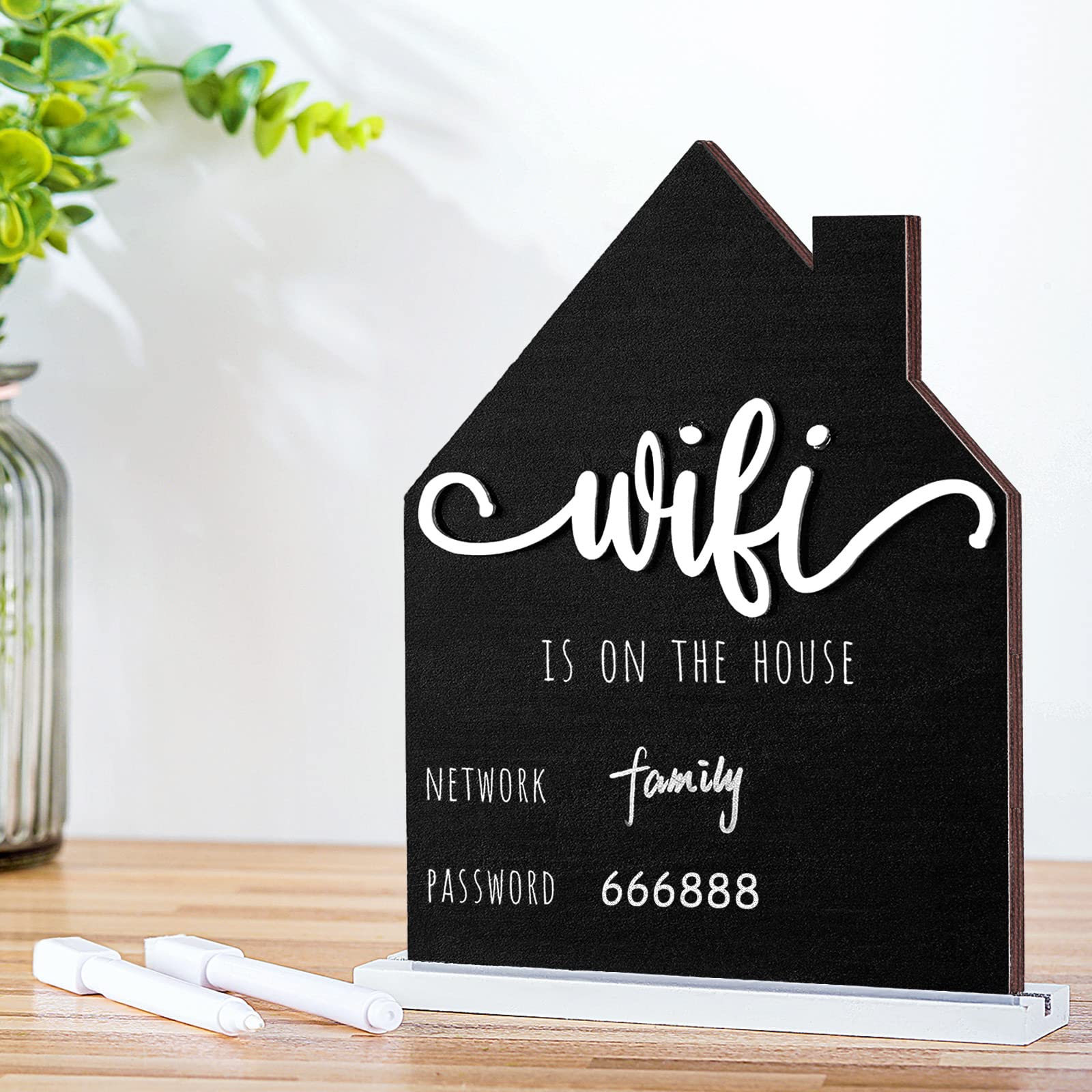 WiFi Pattern Password Sign for Guests Home Wooden Table WiFi Pattern Sign Wooden with Board Erasable Pen Chalkboard Table Centerpieces Decoration for