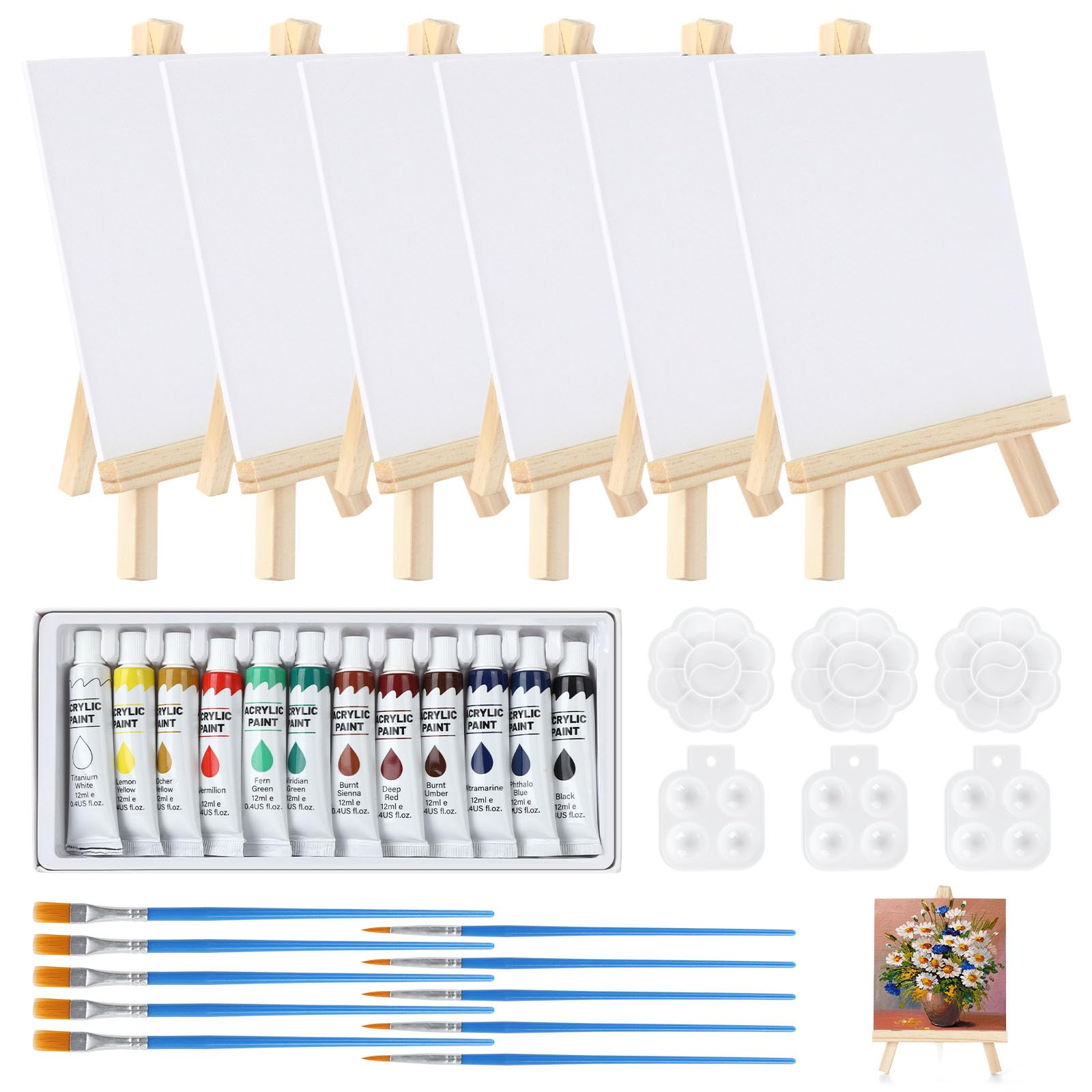 40pcs Mini Canvas and Easel, Canvas and Paint Set Includes 15x15cm Small Canvases for Painting, Mini Easels, Palettes, Paintbrushes and Acrylic Paint for Art Party (5.9x5.9inch)