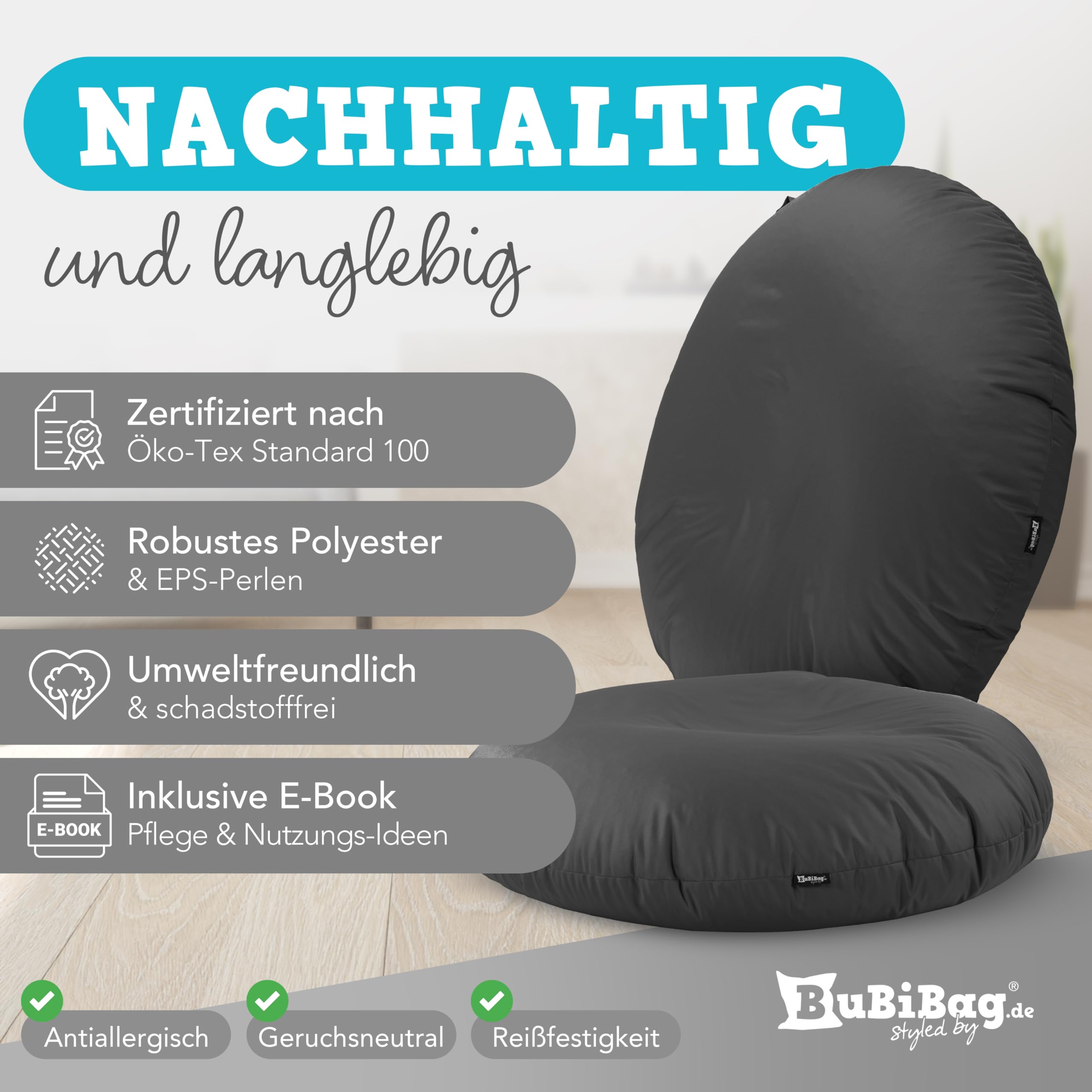 BuBiBag 2in1 Sitzsack L - XXL mit Füllung für Kinder & Erwachsene, Gaming Beanbag & Bodenkissen für Indoor & Outdoor Sessel Pflegeleicht & Wasserabweisend XL UNIVERSELL (Ø 130 cm Anthrazit)