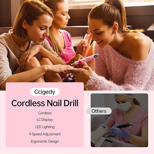 Miniatura 7 de Kit de taladro eléctrico profesional para uñas, lima de uñas eléctrica inalámbrica de 9 velocidades con pantalla LED, máquina de taladro de uñas