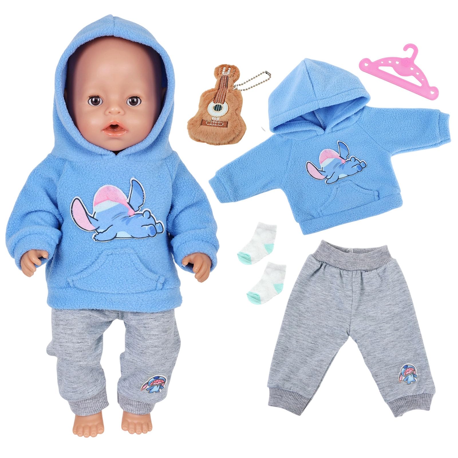 Baby Doll Clothes for 14-17 Inch Dolls, Blue Cartoon Outfits for 35-43 cm NewBorn Baby Doll, Blue Hoodie Gray Trousers Guitar Toy Socks Hanger, Doll Clothes Christmas Birthday Gift for Girls Kid