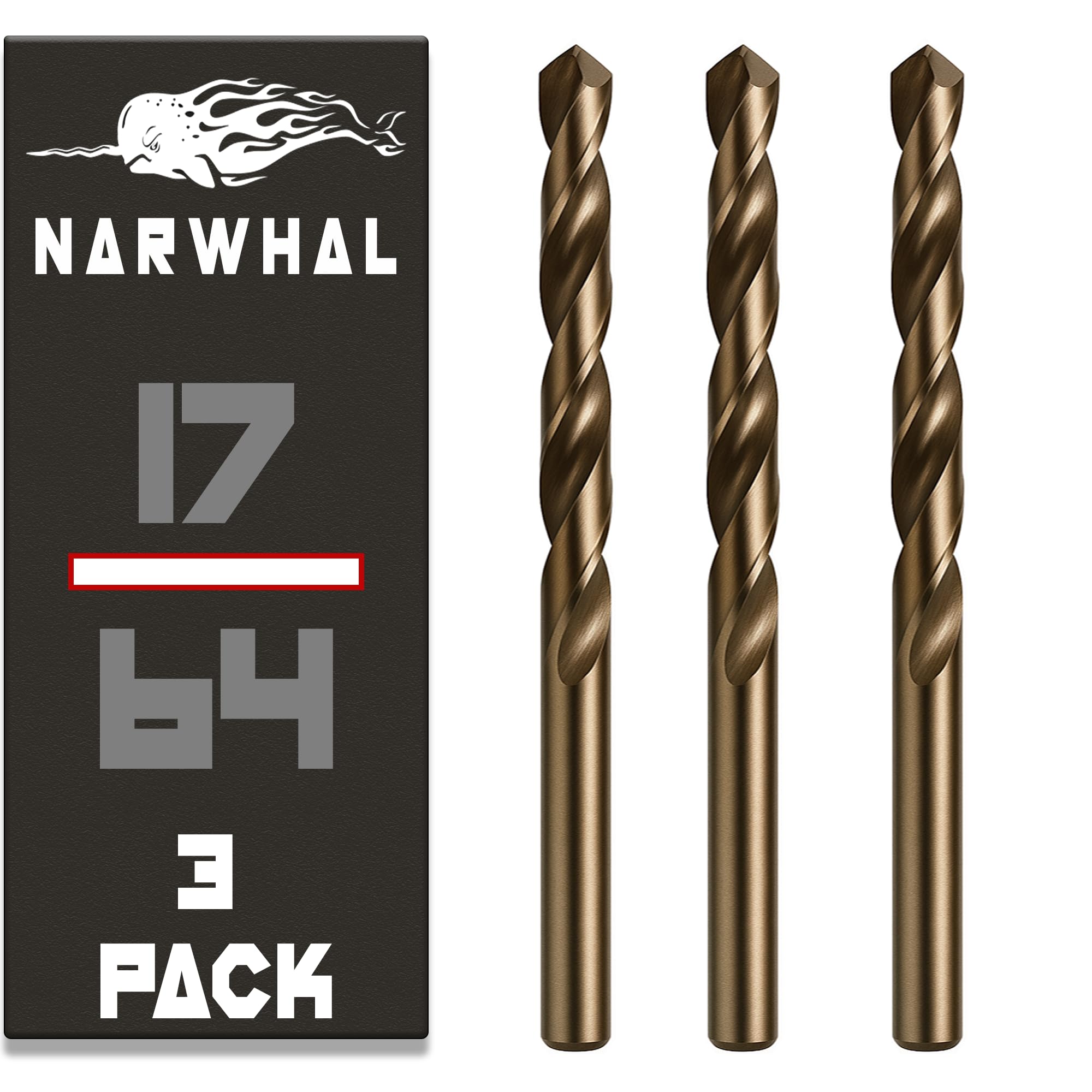 Narwhal 17/64 Inch Cobalt Drill Bits (3 Pack - Industrial Grade M35 Cobalt) 4-1/4" Length & 135 Degree Split Point for Drilling Into Metal, Hardened &