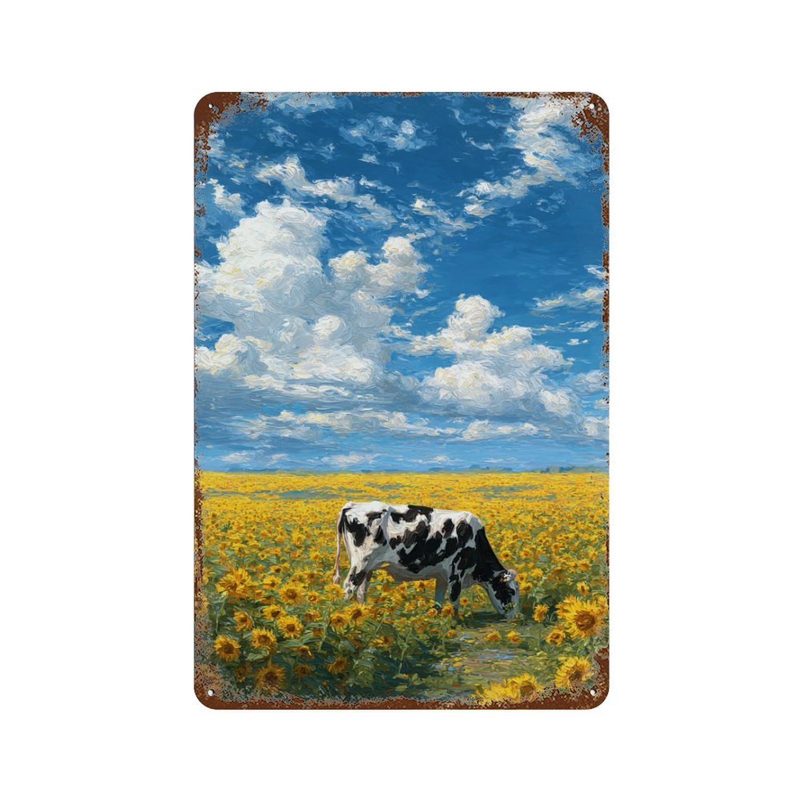 Cow in Sunflower Field Aged Metal Wall Plaque 11.8"x7.9", Classic Wall Plaque for Garage, Pub Or Kitchen