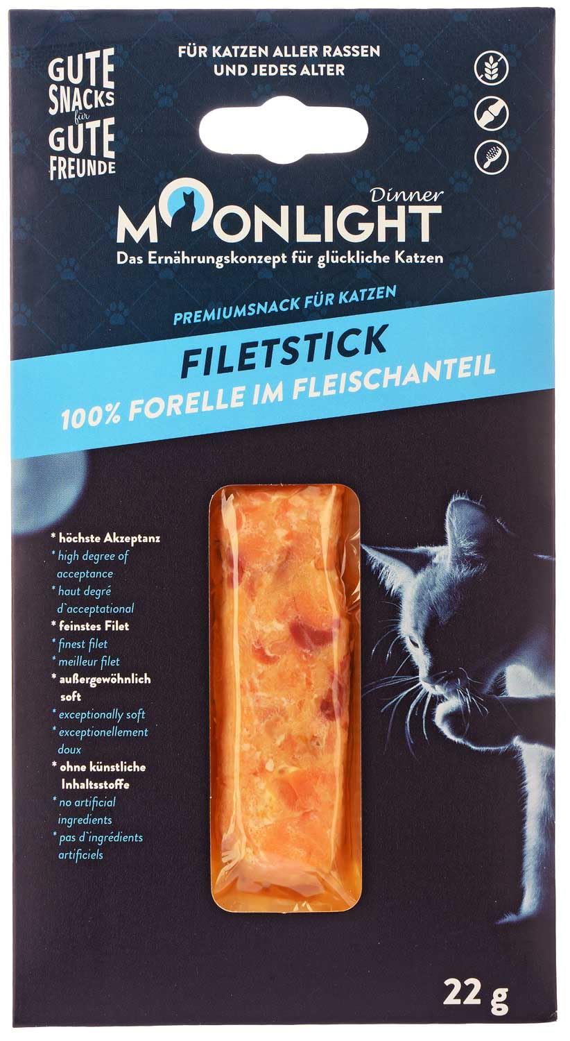 Moonlight Filet-Stick mit Forelle (22 g) – Getreidefreier Premium Katzensnack - 100 % Forelle im Fleischanteil – Extra Soft & hochverträglich
