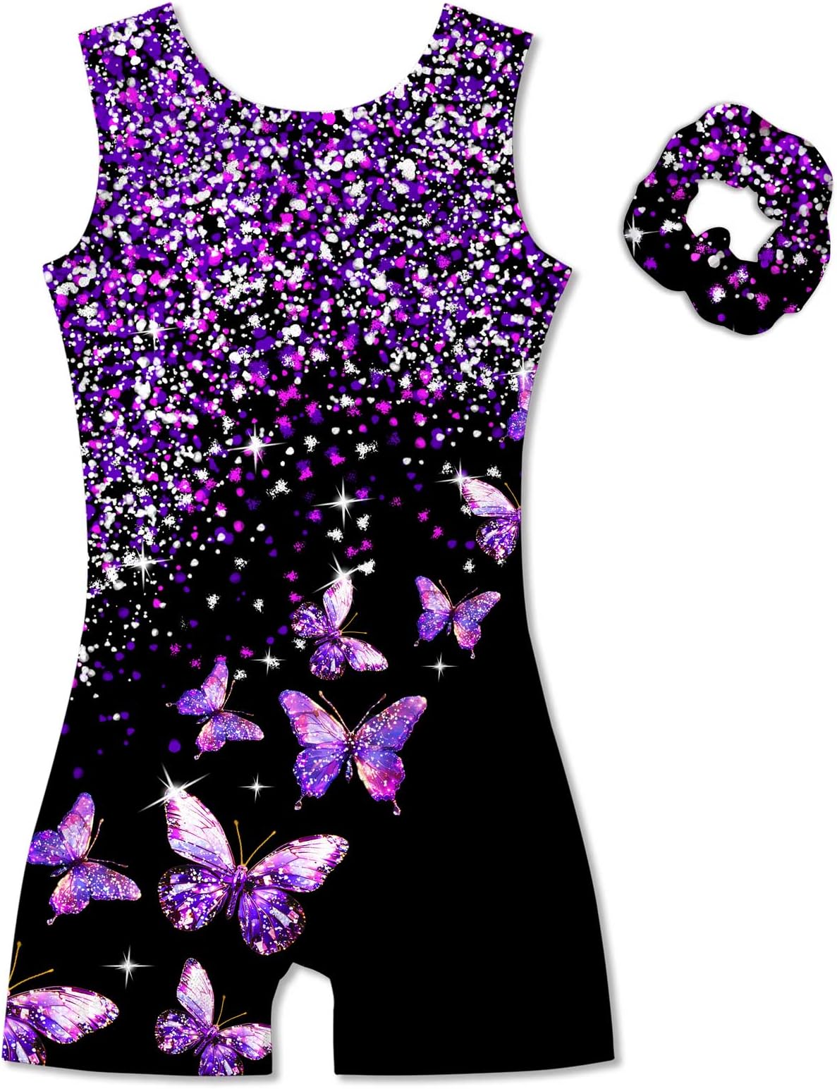 4-12Y Girl Gymnastic Leotards with Hair Scrunchie Sparkle Dance Unitards Active Biketards