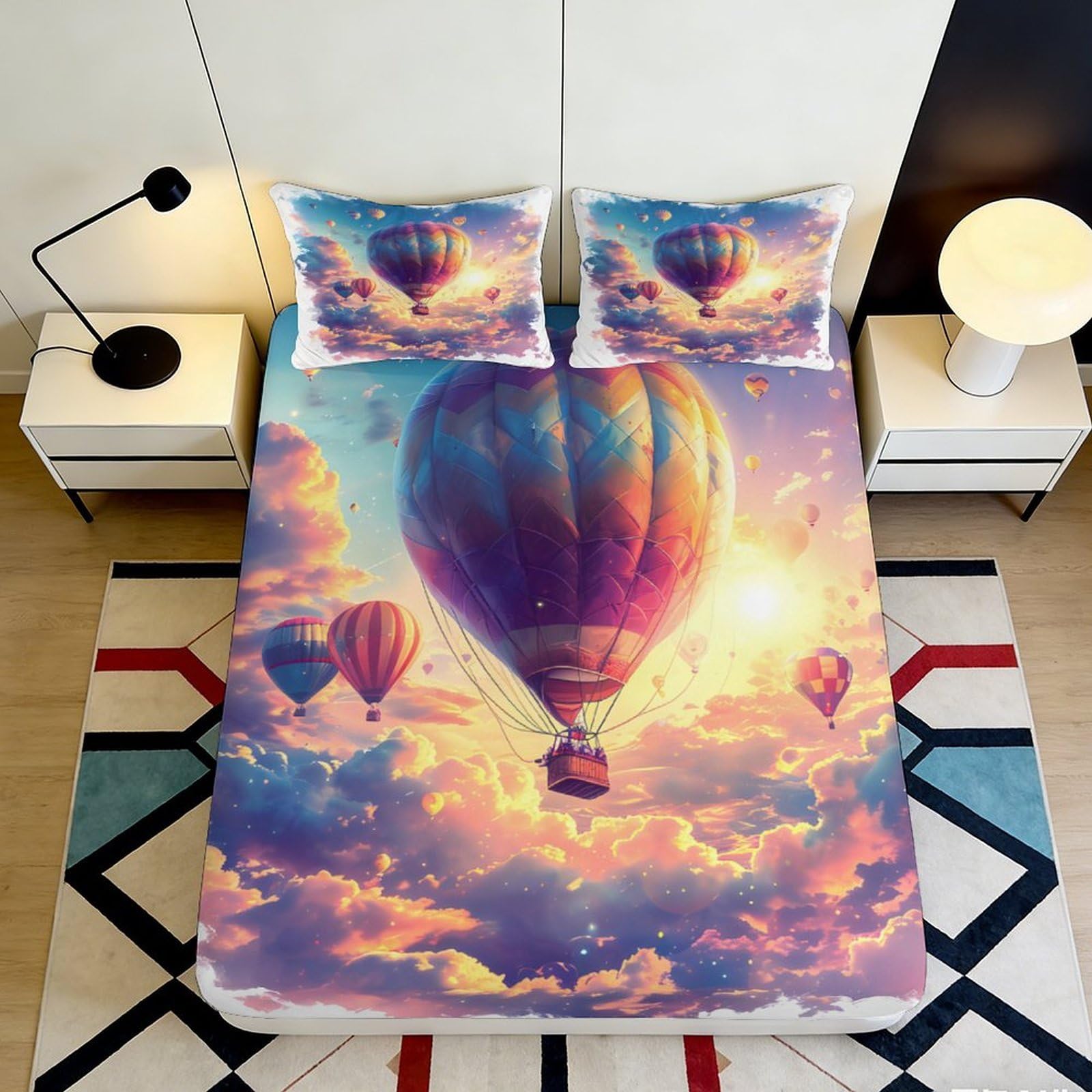 3D Printed Hot Air Balloon Fitted Sheet Microfiber Soft Gradient Sky Mattress Cover for Bedroom Guest Room 160x200x25cm