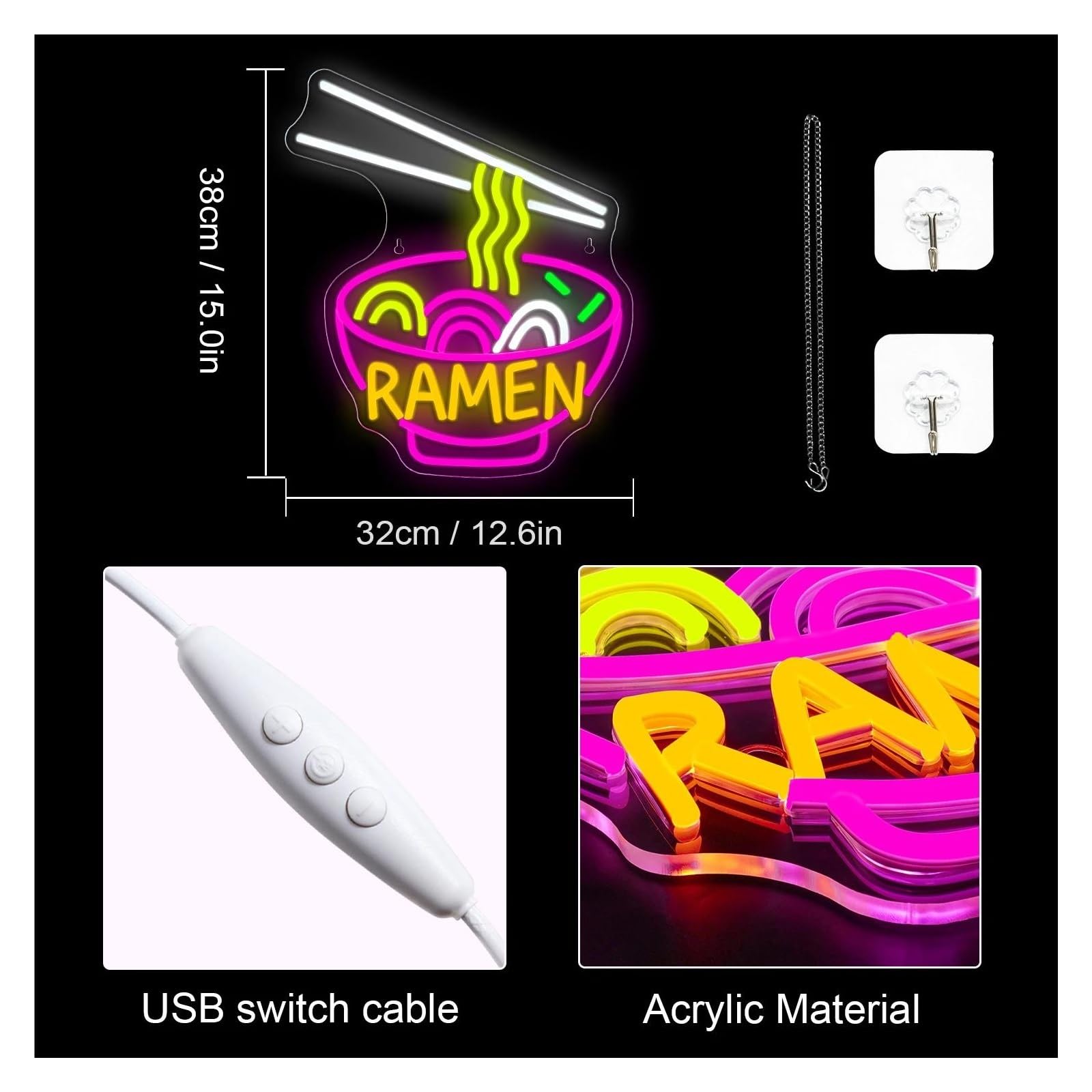 Scritta luminosa Insegna Al Neon Ramen A, Decorazione Per Bar Di Noodle Giapponesi, Per Ristoranti Di Ramen E Cucine Domestiche Per Amanti Di Sushi E Noodle 38cmх32cm