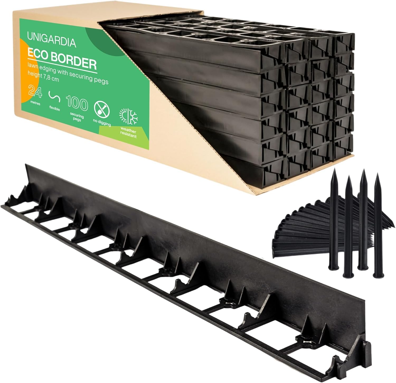 Bordura Flexible de Jardín 24 m, Altura 78 mm - Borde para Jardín con 100 Estacas de Anclaje - Borde para Césped de Plástico Reciclado - Fácil Instalación, Duración mínima de 25 años