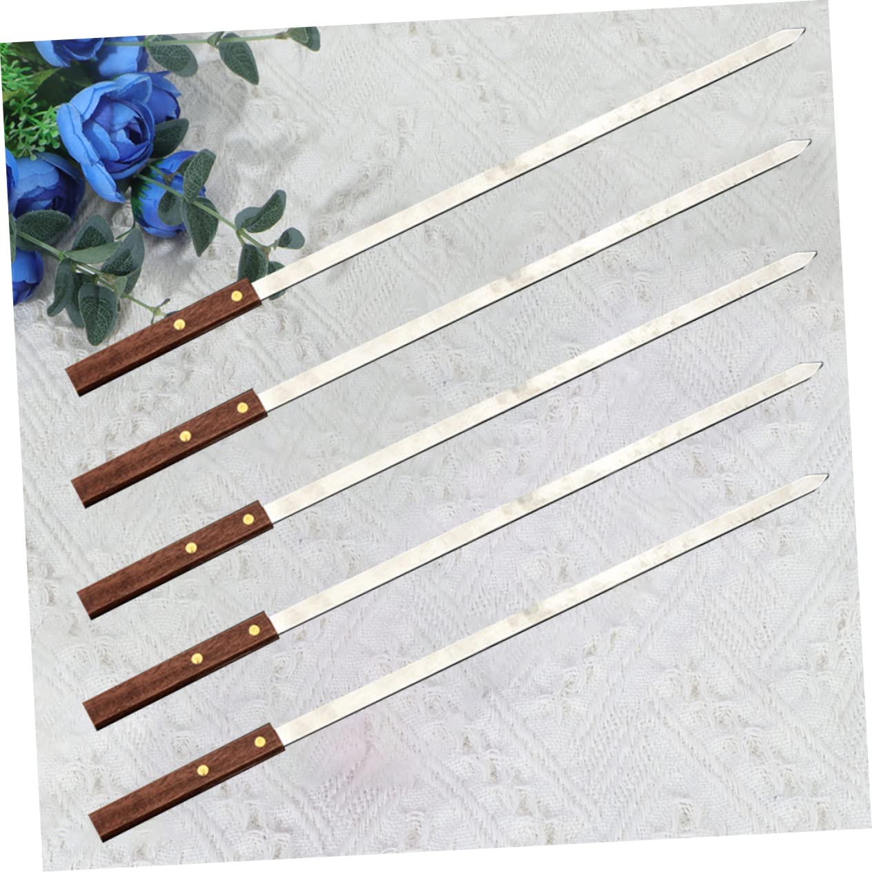 Brochetas de Barbacoa Planas 5 Unidades, Acero Inoxidable | Mango de Madera Marrón, Diseño Largo Reutilizable, para Carne y Uso Exterior