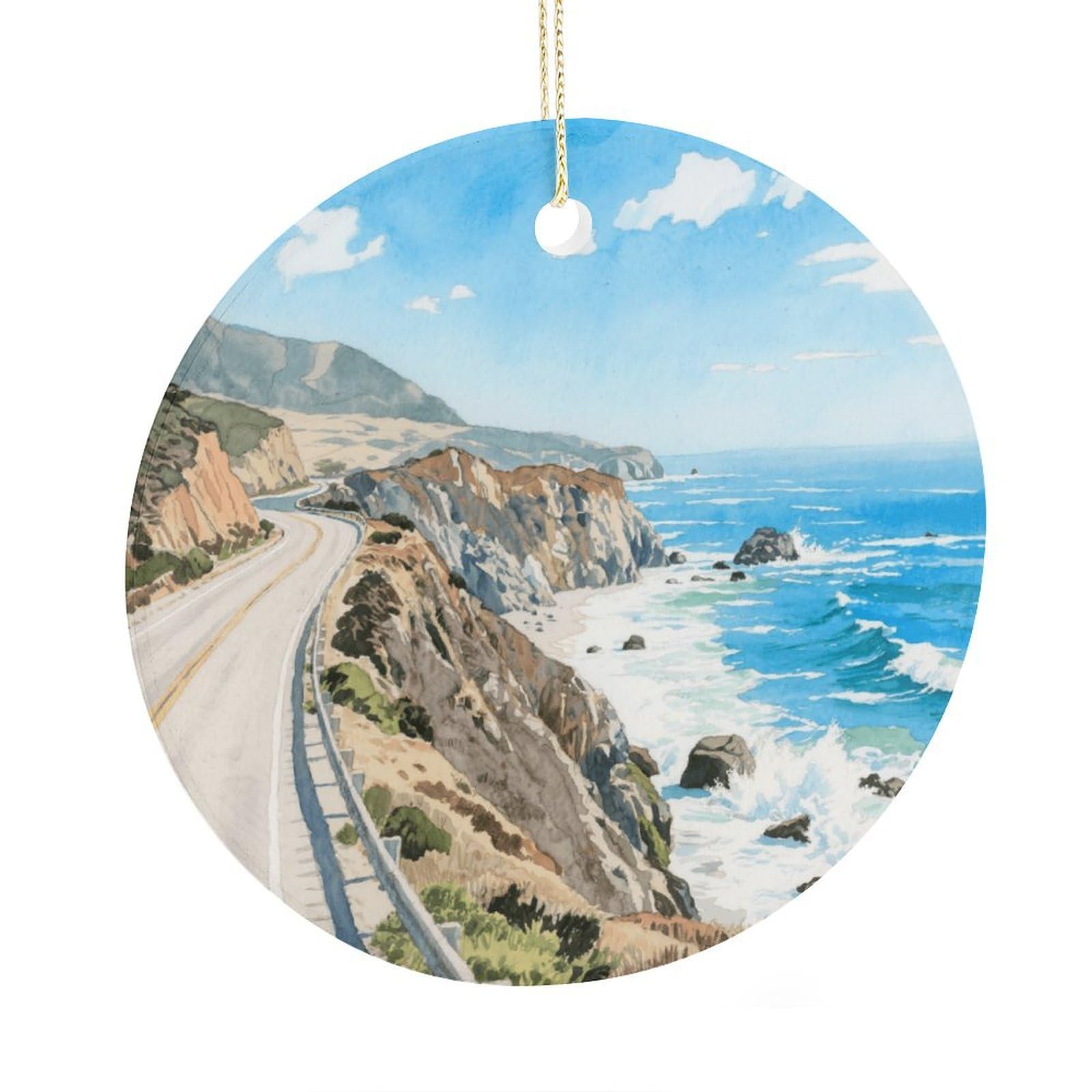Fekiloot Style Highway 1 Ocean View Christmas Ornaments 2.9 Inch Round Ceramic Ornament Keepsake Thank You Gifts For Office, Room, Home - Holiday Present Ideas