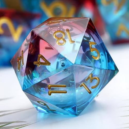 Miniatura 2 de Gitter - Dados de resina líquida de Dungeons and Dragons, 7 dados DND con estuche de regalo para juego de mesa (azul líquido y rojo)