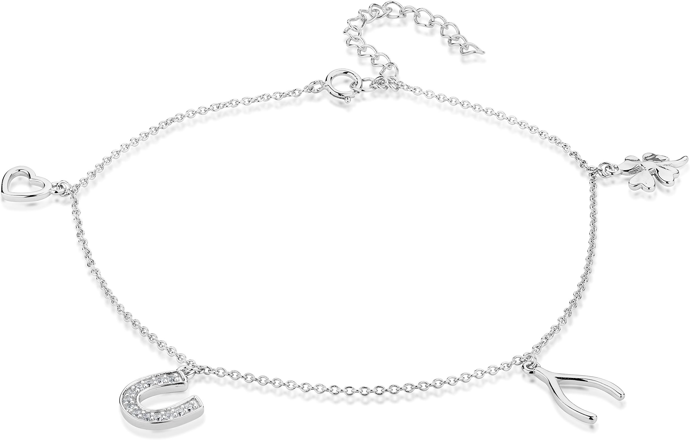 Sterling Silver Cubic Zirconia Lucky Charm Anklet 9''