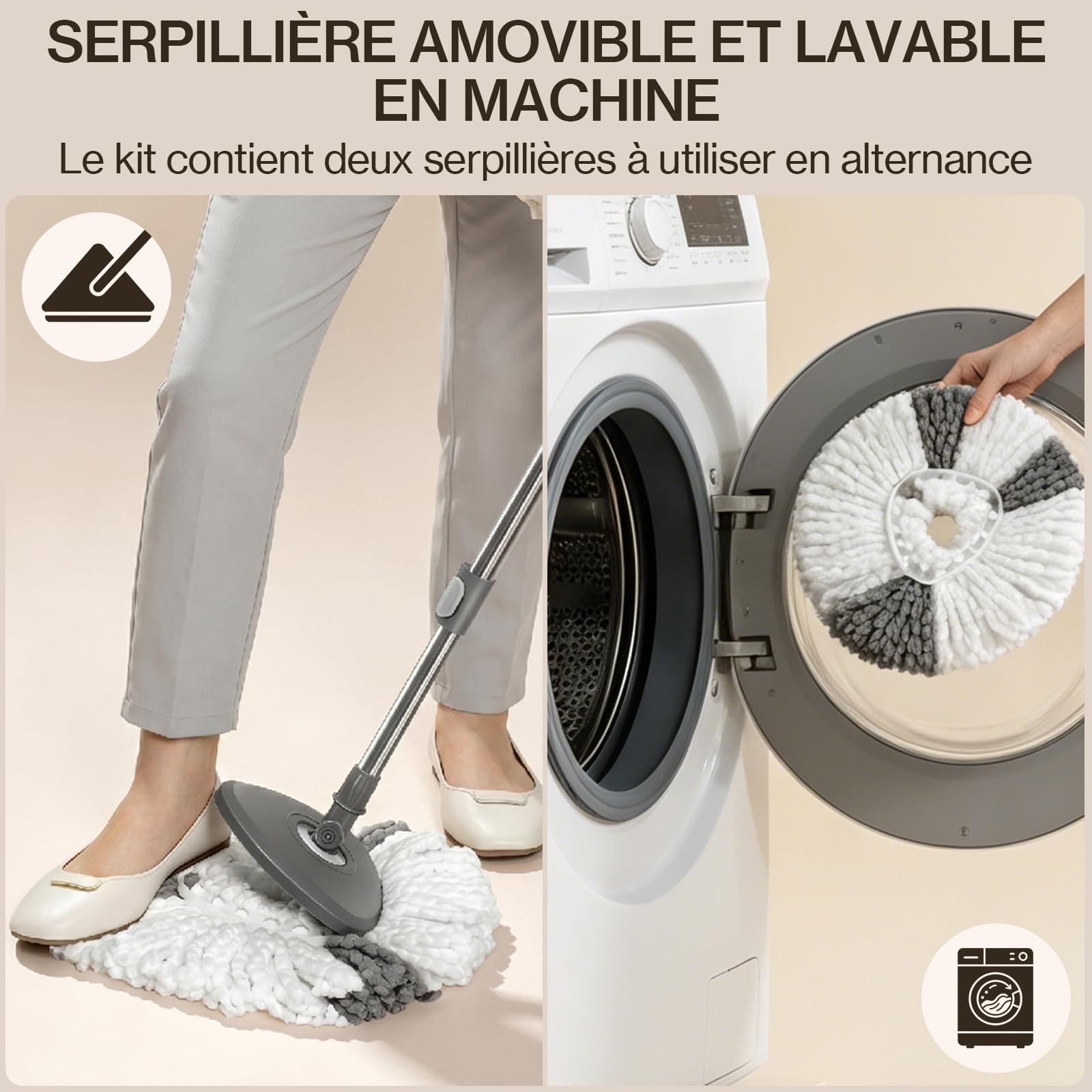 MASTERTOP Ensemble Balai Serpillère et Seau Essoreur - Eau Propre/Eau Sale | Essorage Par Pression, Manche Télescopique Réglable, Tête Rotative à 360° - 2 Housses Microfibres Lavables