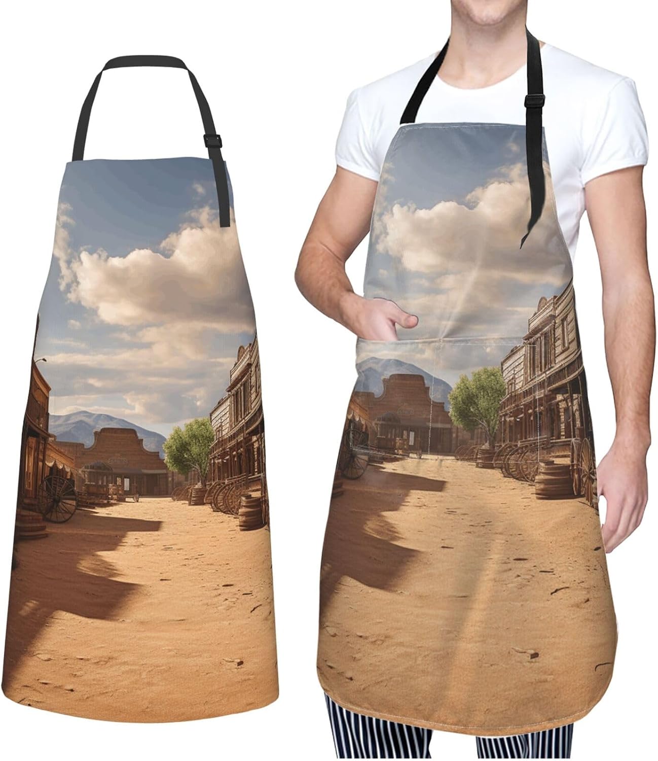 Old Wild West Cowboy Town Cooking Aprons for Women Men Waterproof Bib Apron with Pockets Adjustable Kitchen Chef Apron
