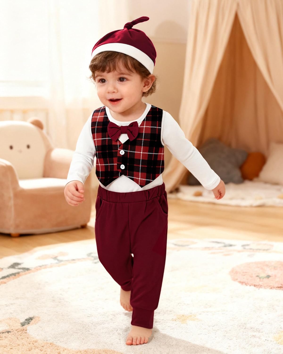 Newborn Baby Boy Clothes Christmas Outfit Long Sleeve Gentleman Suit Faux Vest Romper + Hat + Pants Clothes Set - Image 6