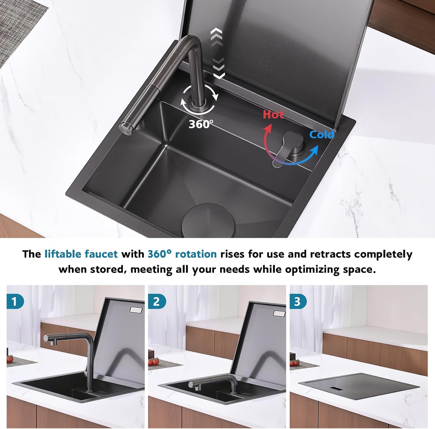 Lefton RV Kitchen Sink, 17 x 17 x 10 Inch Stainless Steel Single Bowl Drop-in Bar Sink with Liftable Pull-out Faucet for Small Kitchen Island, BS2502