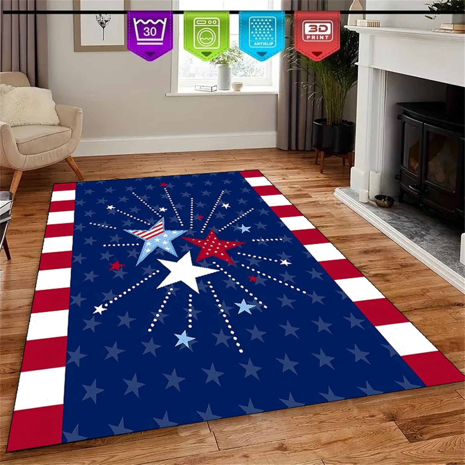 Blue American Flag Area Rug,4x6ft,Modern Style Patriotic Rug,Fourth of July Door Rugs,American Style Carpet,Red White and Blue Non-Slip Machine Washable Rugs,The Mat for All Indoor Areas