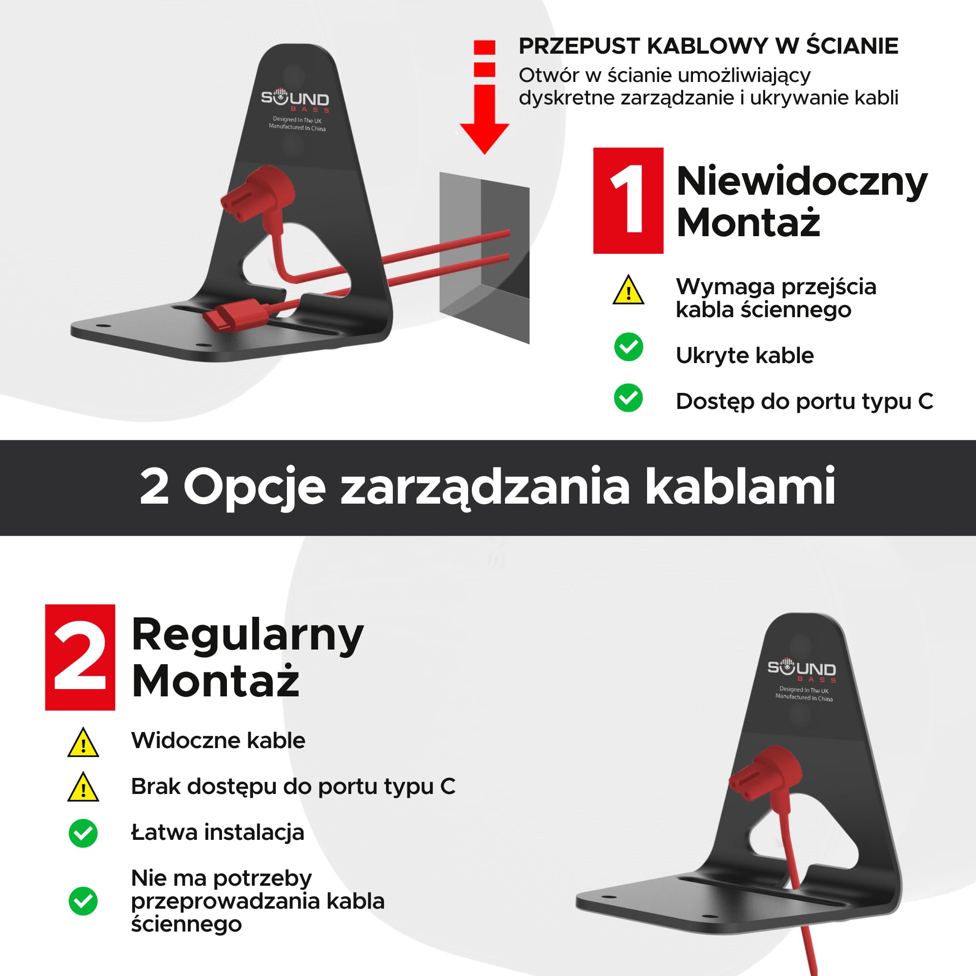Sound Bass ERA300 Uchwyt Ścienny, Niski Profil, Czarny, Zestaw Podwójny, Kompatybilny z Głośnikiem Sonos ERA 300, Kompletny ze Wszystkimi Elementami Montażowymi