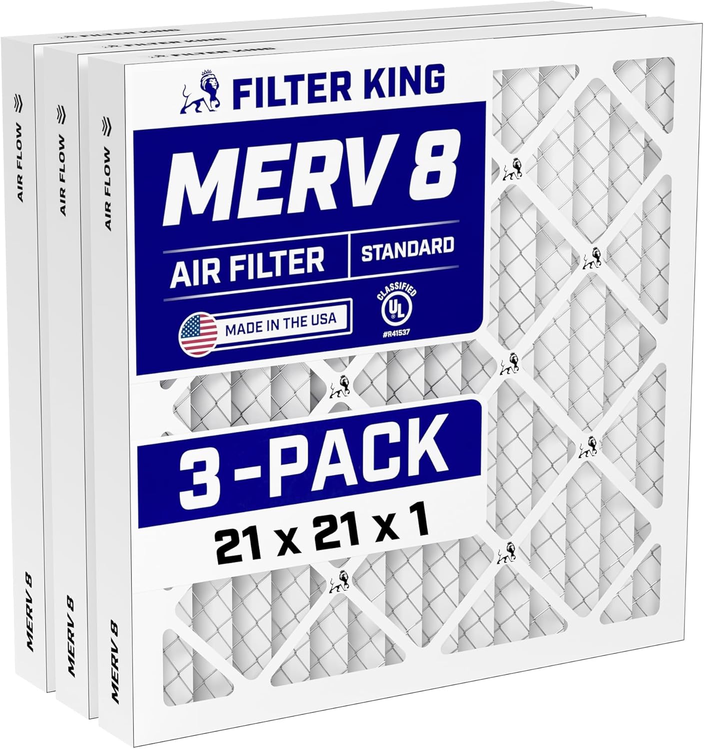 Filter King 21x21x1 Air Filter (MERV 8) (3-Pack) Dust & Allergy Control AC Furnace Filters, MADE IN USA, HVAC, Pleated, Electrostatic (Actual Size: 20.5 x 20.5 x .75)