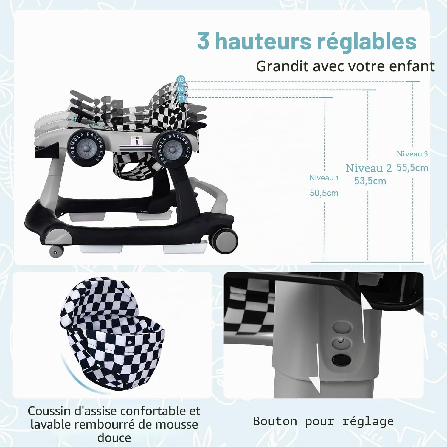 FANTASK Trotteur 4 en 1 avec hauteur et vitesse réglables, Baby Walker avec boîte à musique, lumières et roues, bébé à partir de 6 mois, charge maximale 12 kg (gris)