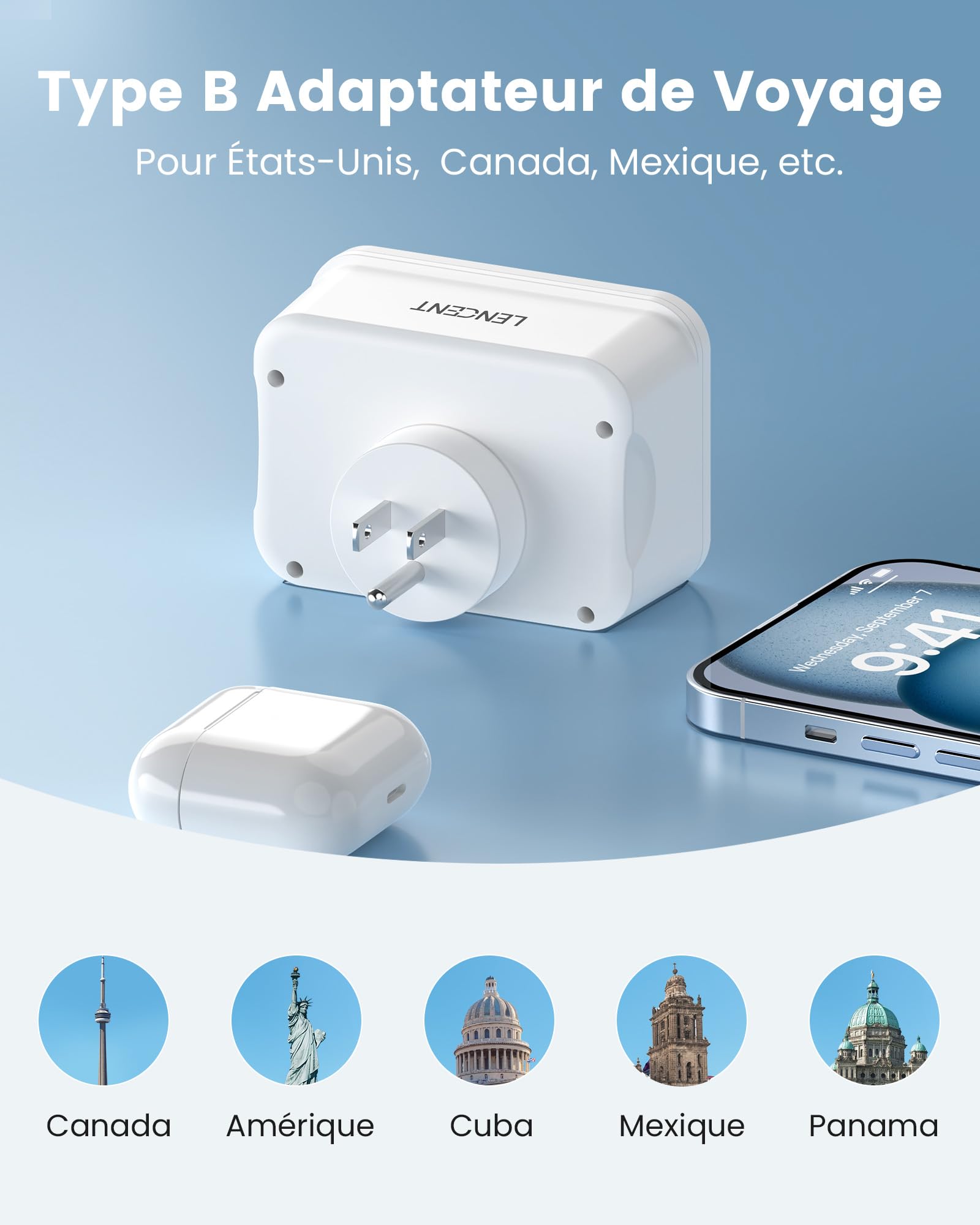 LENCENT Adaptateur de Voyage Type B - 6 en 1 vers USA/Canada/Mexique/Thaïlande - Prise Française avec 2 Prises AC et 2 Ports USB-A，2 Ports USB-C -pour appareils français aux États-Unis