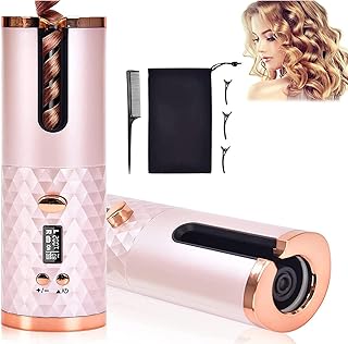 Modeladores de Cachos automáticos, varinha ondulada de cerâmica sem fio, modelador de cabelo automático sem corda portátil com 4 Temps e 3 temporizadores, ondulação giratória de aquecimento