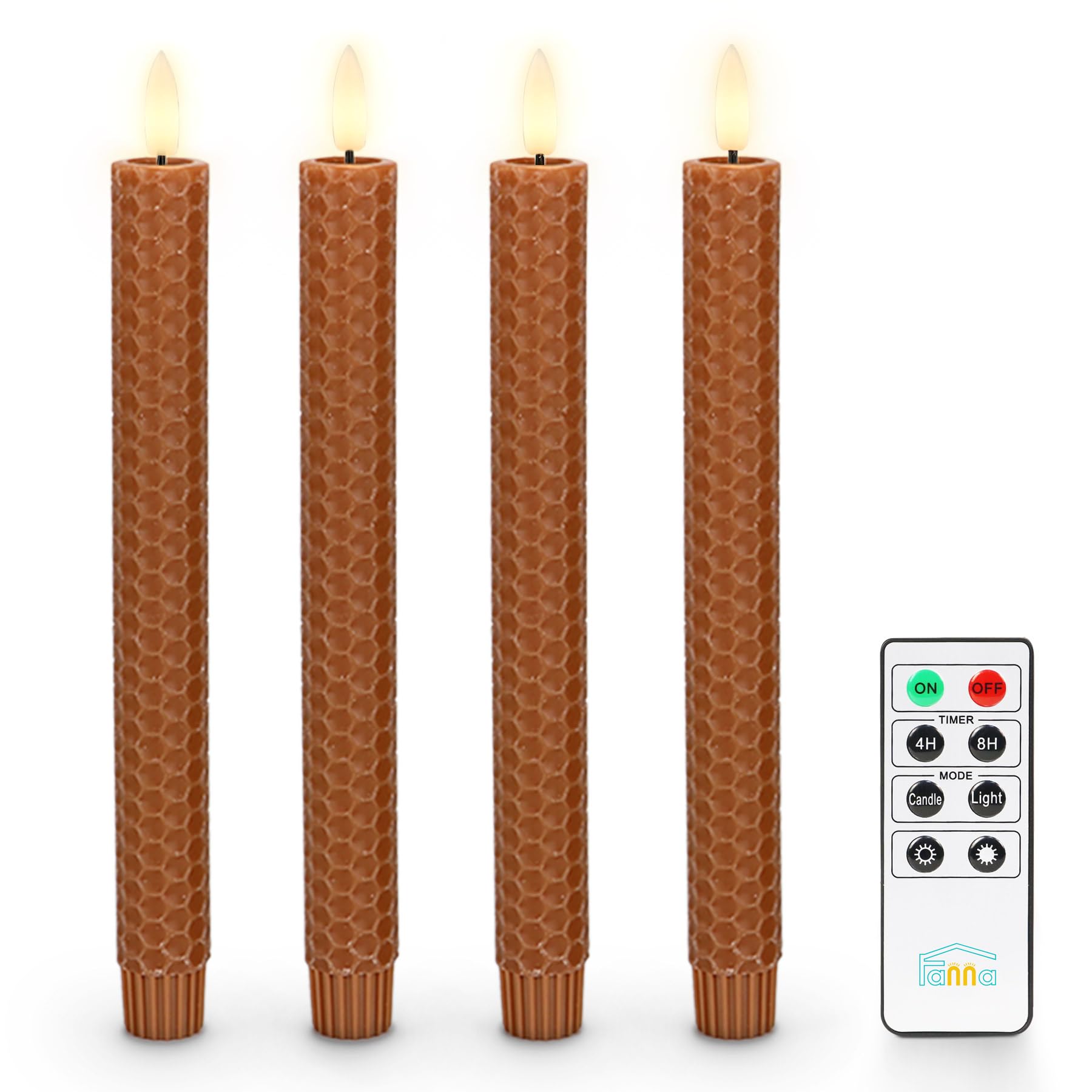 Fanna Flameless Taper Candles Burnt Orange, Wax Finshed Battery Operated LED Candles with Timer Function, Remote & Batteries Included -Set of 4