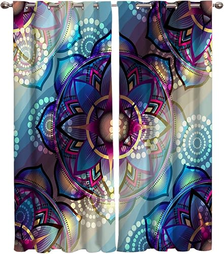FortuneHouse Blackout Curtains Thermal Insulated Purple Mandala Pattern Solid Pattern Metal Grommet Elegant Room Drapes Window Curtain for Bedroom