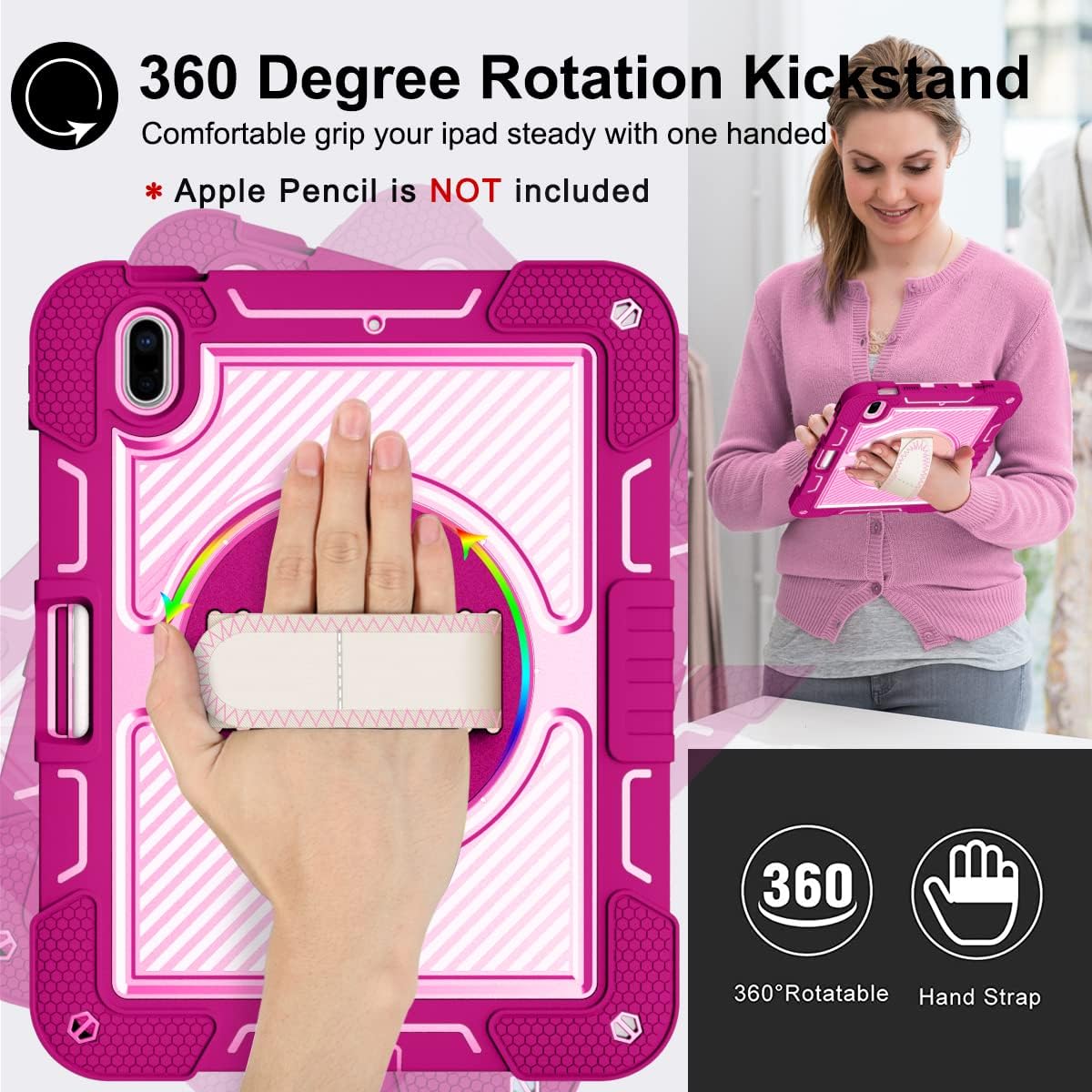 for iPad (A16) 11th Generation 11" 2025 & iPad 10th Generation Case 10.9 inch 2022, 360° Rotating Stand Cover with Pencil Holder/Hand Strap/Shoulder Strap Shockproof Cover, Rose Red + Pink