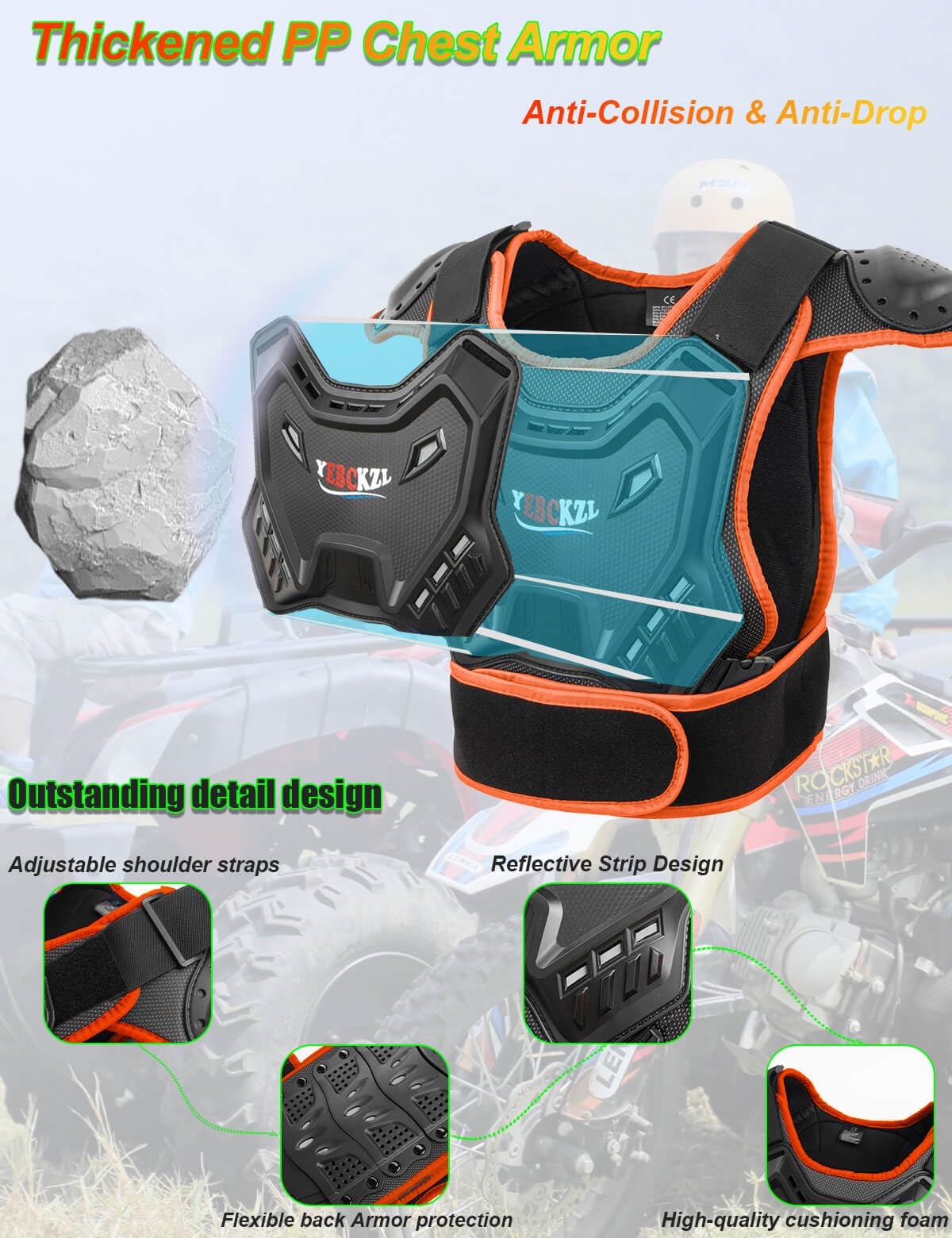 Chaleco protector de motocicleta para niños y adolescentes, protección para montar en bicicleta de cross con rodilleras, juegos de rodilleras para MTB, ATV, conducción todoterreno