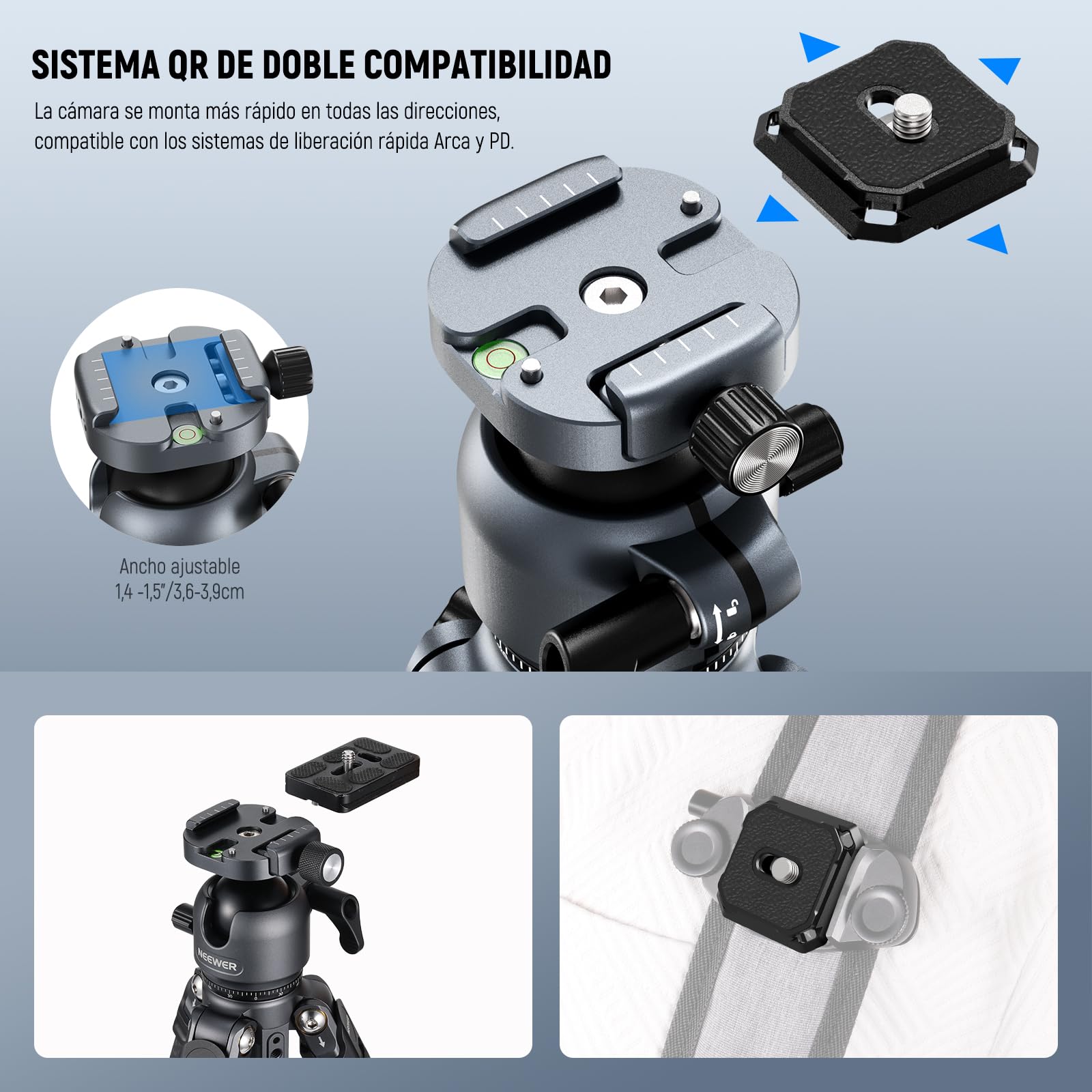 NEEWER LITETRIP LT38 - Trípode de Viaje para cámara de 61 Pulgadas, Soporte portátil de Fibra de Carbono, rótula de Bola de 360°, Placa de liberación rápida Tipo Arca Compatible con Peak Design Clip