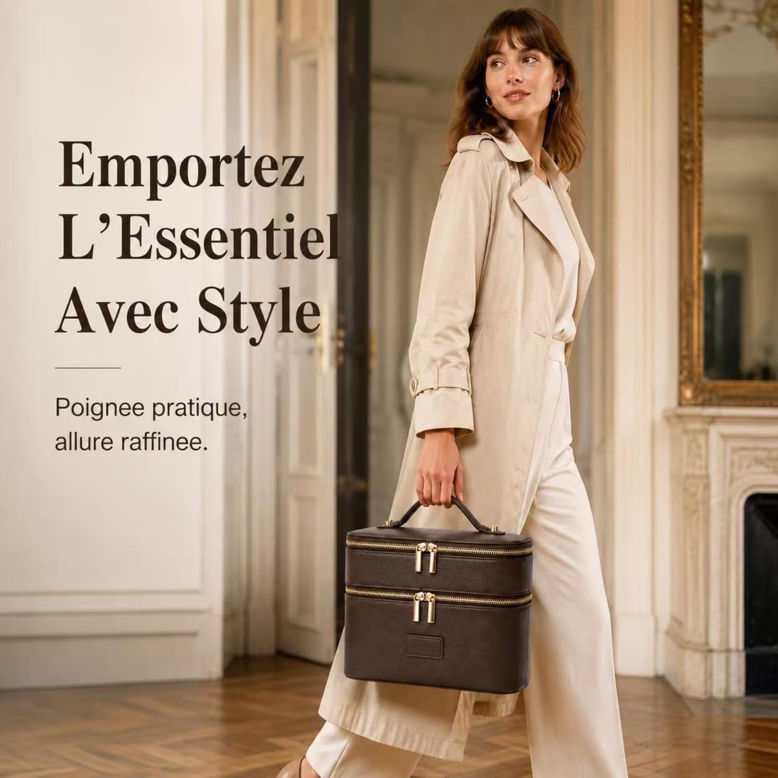 Vanity Maquillage en Cuir Double Couche Femme, Trousse de Toilette Voyage avec Compartiments Amovibles, Vanity Maquillage Femme, Trousse de Toilette Imperméable Portable