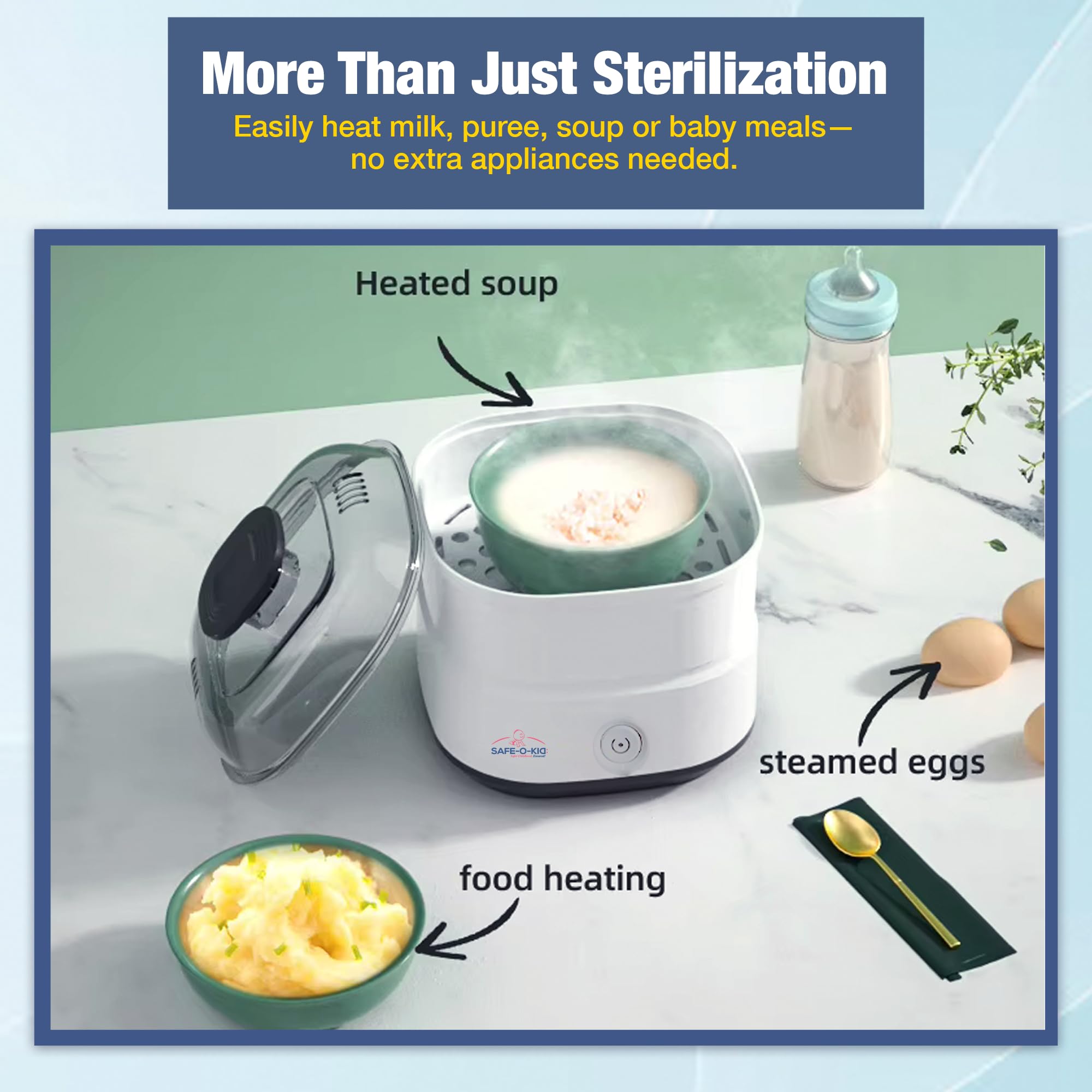 Safe-O-Kid® 5-Bottle Advanced Steam Sterilizer with Bottle Cleaning Set | Large Capacity, Auto Shut-Off, BPA-Free | Sterilizes Bottles, Accessories, Breast Pumps, Teats | 1-Year Warranty | Eliminates 99.9999% Germs with Uniform Heat Technology – White - Image 4 thumbnail