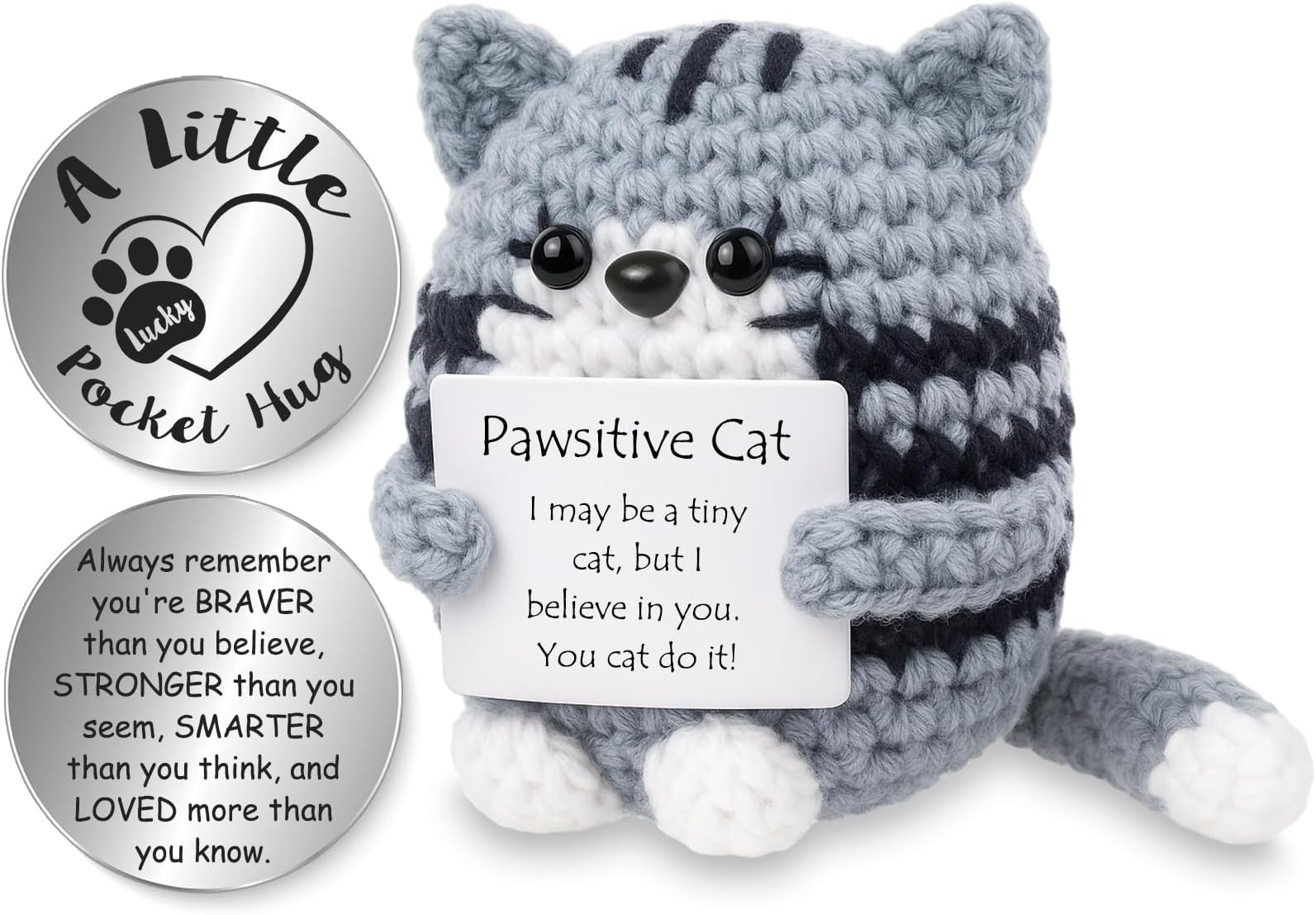 Positive Cat Gifts, Handmade Crochet Positive Cute Knitted Cat, with Pocket Hug Lucky Charm, Good Luck | Emotional Support | Get Well Soon | Encouragement | Birthday Gifts for Women Men