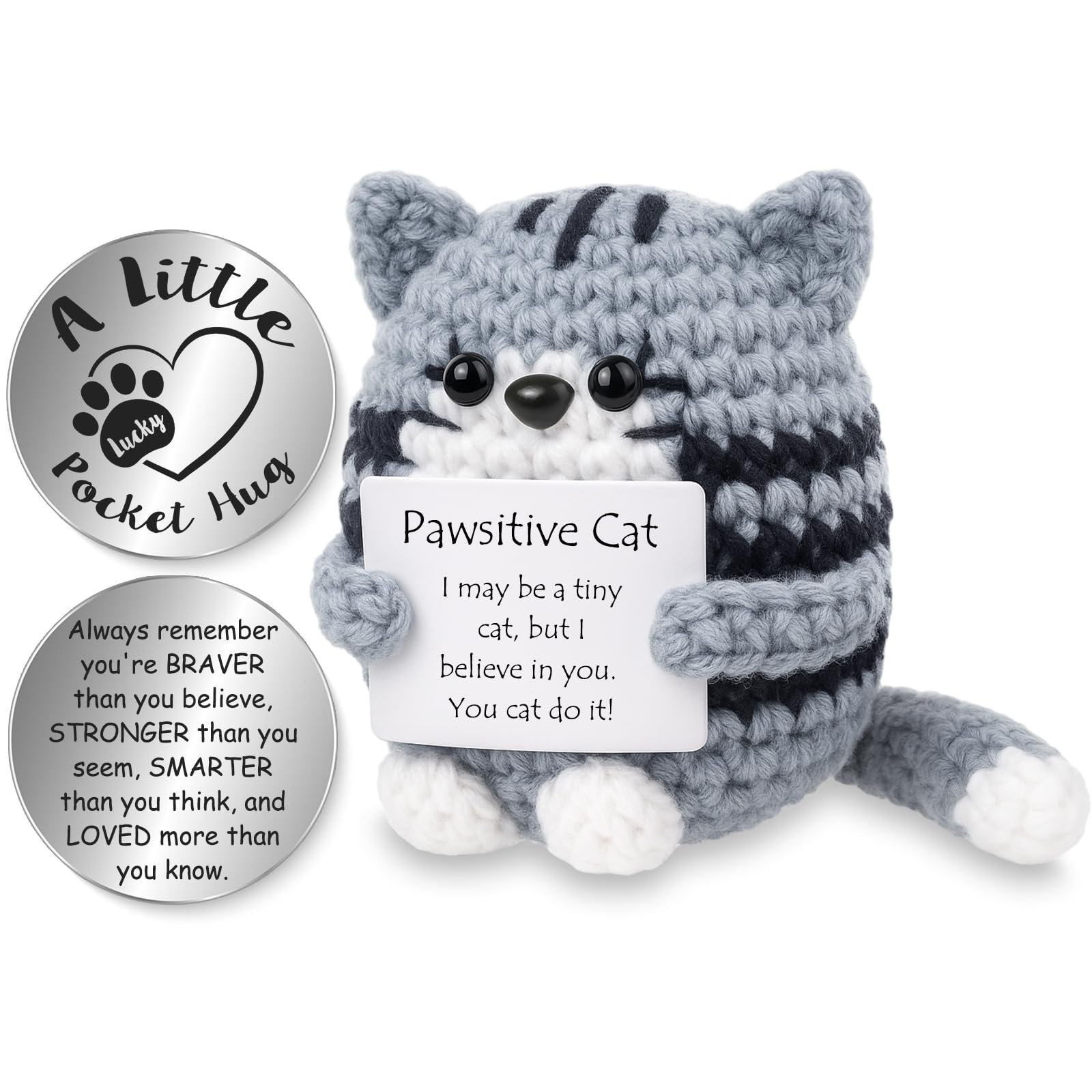 Tixlux Positive Cat Gifts, Handmade Crochet Positive Cute Knitted Cat, with Pocket Hug Lucky Charm, Good Luck | Emotional Support | Get Well Soon | Encouragement | Birthday Gifts for Women Men