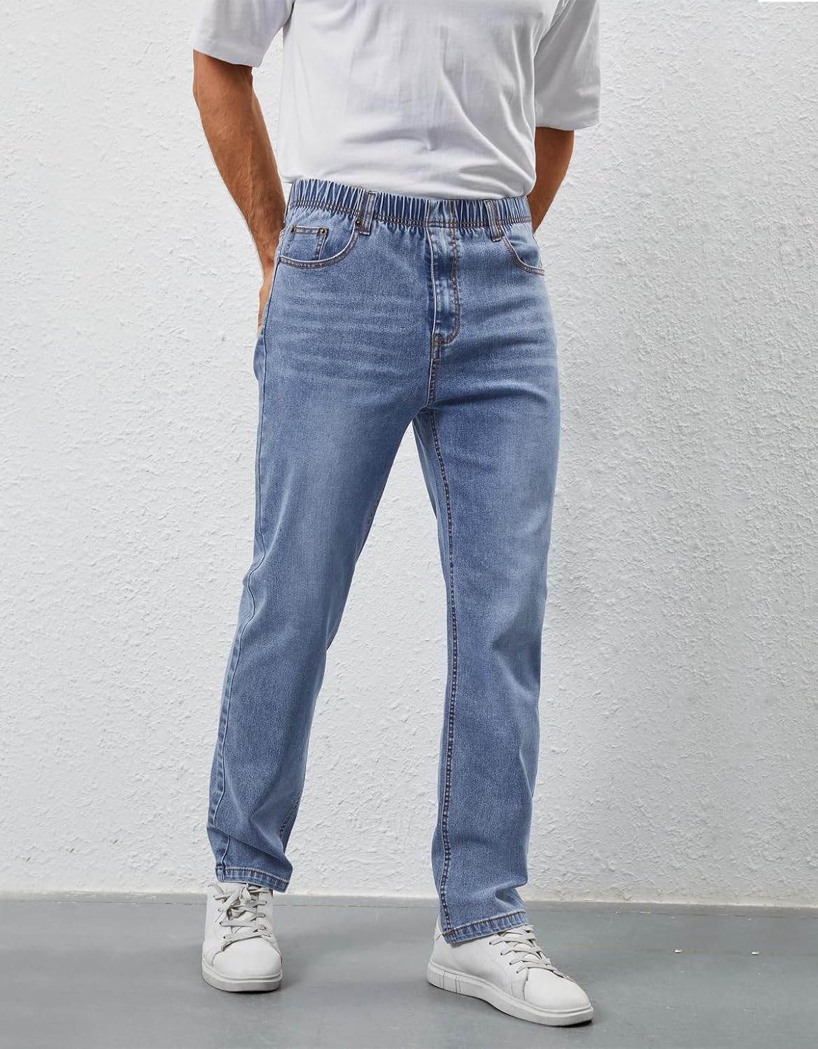 Mens Elastic Waist Jeans Relaxed Fit Stretch Denim Pants Straight Leg Jean with Zipper - Image 3
