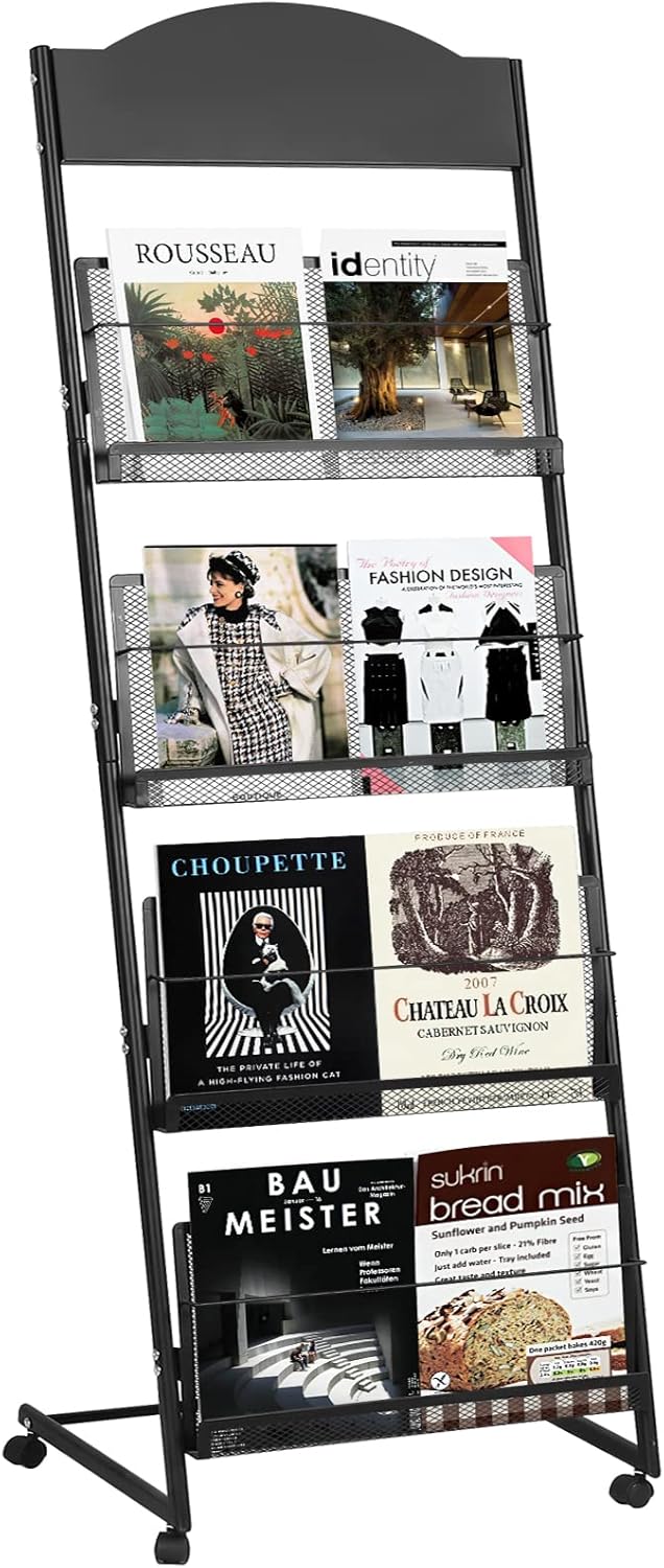 18.9''W Floor-Standing Magazine Display Rack, Rolling Journals, Brochure & Newspaper Stand, Literature Holder for Trade Shows, Exhibitions, & Offices, Black 18.9''W Black