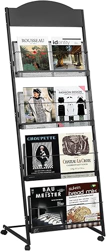 Estante de exhibición para revistas, soporte de pie para folletos, 4 bolsillos para ferias comerciales, oficina, centros comerciales, soporte de