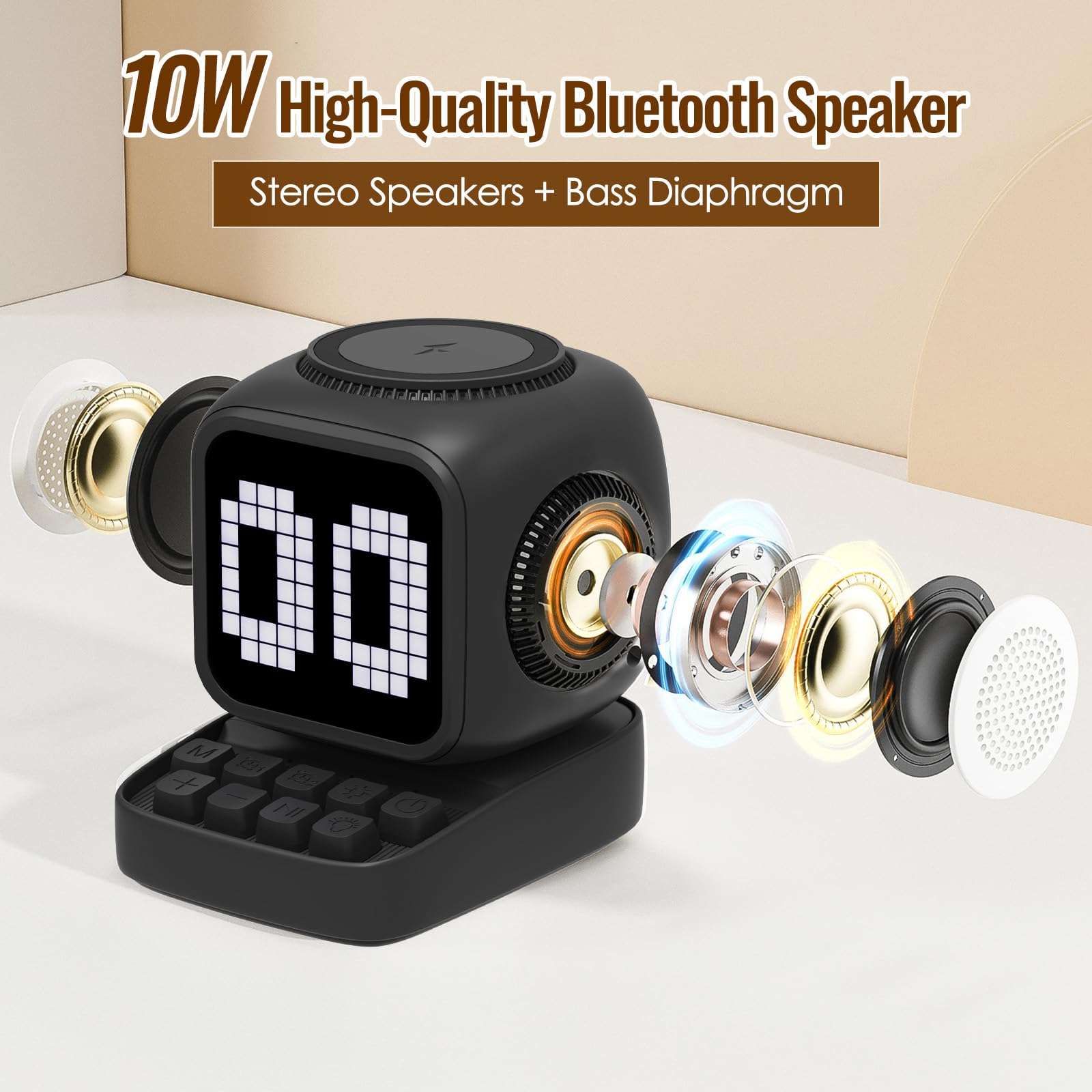 Cassa Bluetooth Portatile Potente 15W con stazione di ricarica induttiva, orologio da tavolo digitale intelligente, sveglia con rumore bianco, per scrivania, ufficio, adatto come regalo (Nero)