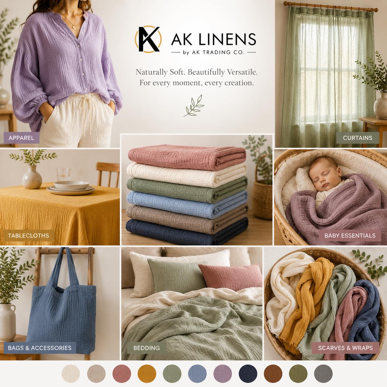 AK TRADING CO. 127 cm breit – 100% Baumwolle Island Breeze Gaze-Stoff – perfekt für Bekleidung, Wickeln, Basteln, Zuhause, Fotoshootings, DIY-Projekte. (Elfenbein, 4,5 m)