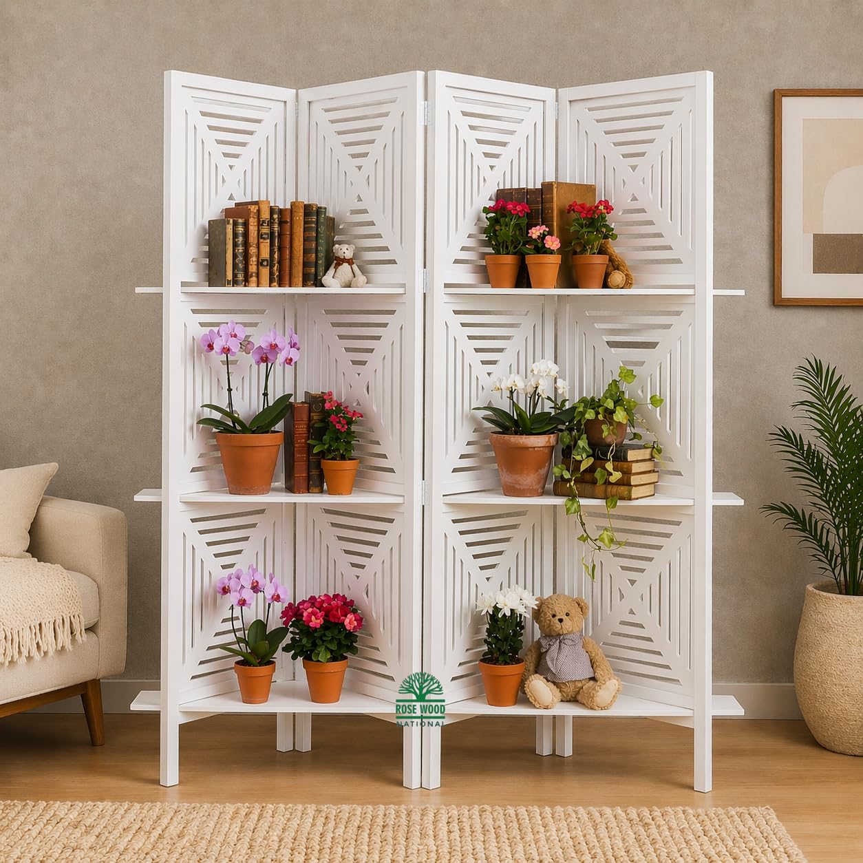 Lucky Lumber Wooden Room Divider with 3 Shelves“ Functional Beauty: Wooden Divider Shelf for Modern Homes” Office Kitchen (6 Feer 4 Panel with 3 Shelves (Pure White)-image-37