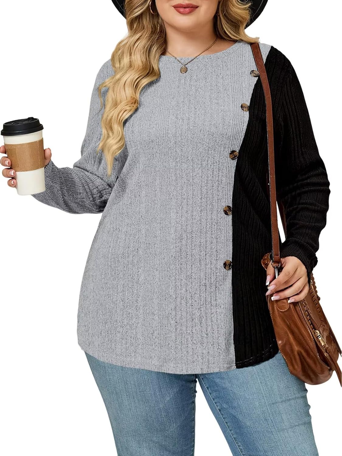 VISLILY Womens-Plus-Size-Long-Sleeve-Tops Color Block Lightweight Sweaters Casual Crewneck Shirts Button Decor Tunics Blouses - Image 3