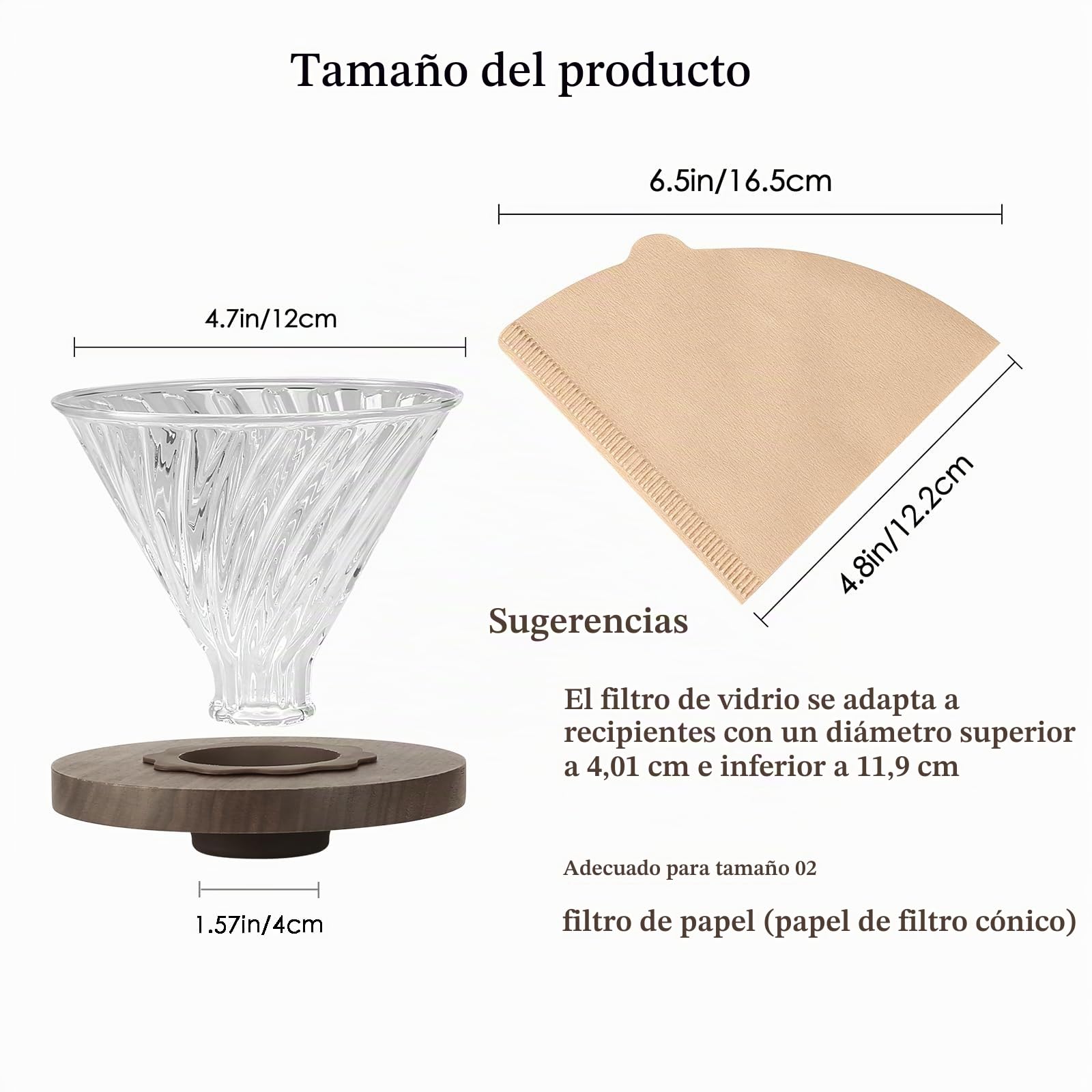 Lalord Gotero de café con 100 filtros de papel V02, mango de nogal y vidrio de borosilicato, gotero de café de vidrio V02, capacidad para 1-4 tazas