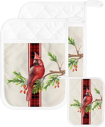 Christmas Red Bird 2Pcs Pot Holders for Kitchen, Non Slip & Heat Insulation Terry Cloth Potholder Set with Pocket, Thick Hot Pad Oven Mitts Trivet