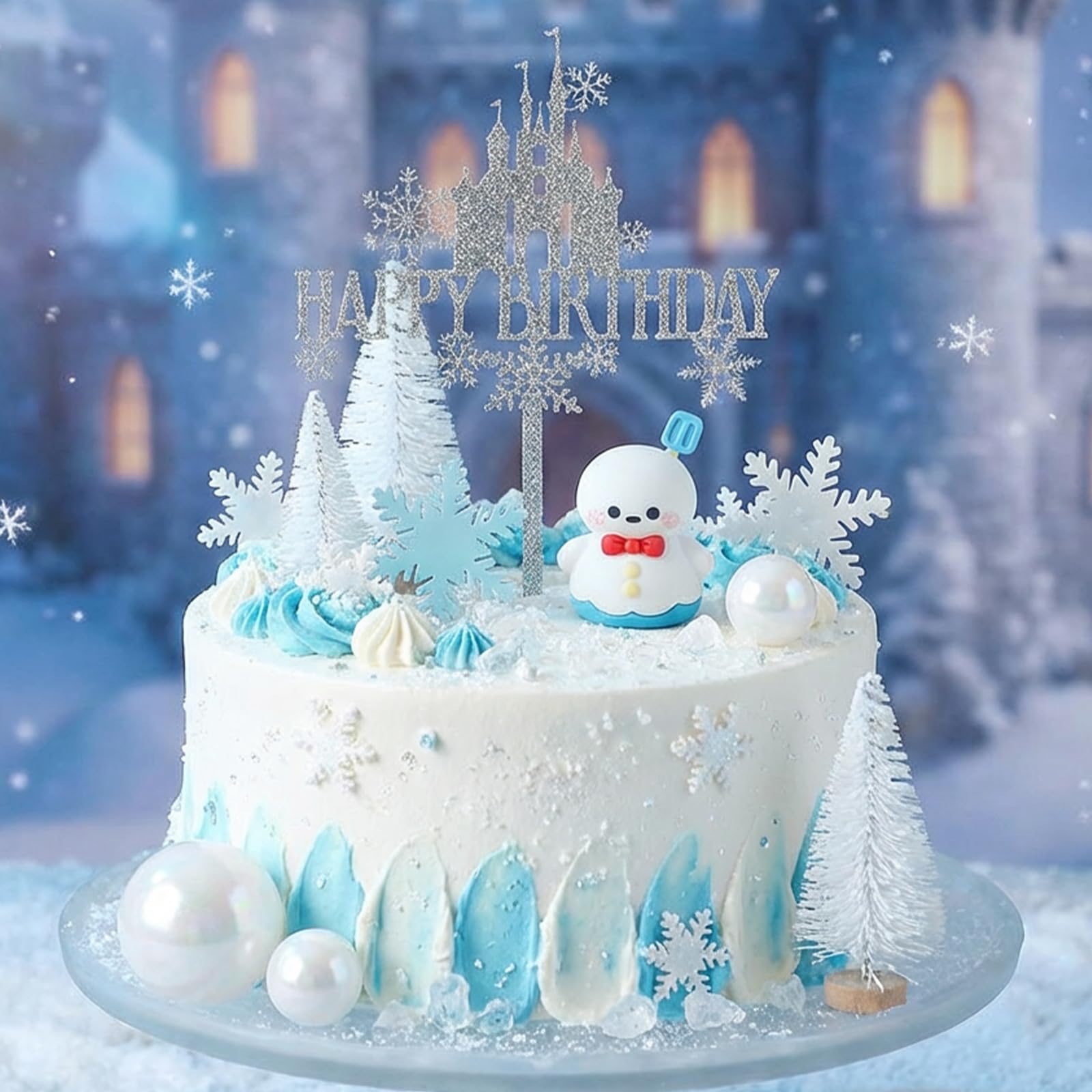Frozen Theme Cake Decorations Set - 17PCS Snowflake & Castle Cake Toppers for Kids Birthday Party, Non-Toxic & Safe Children's Cake Decorations (Blue & White)