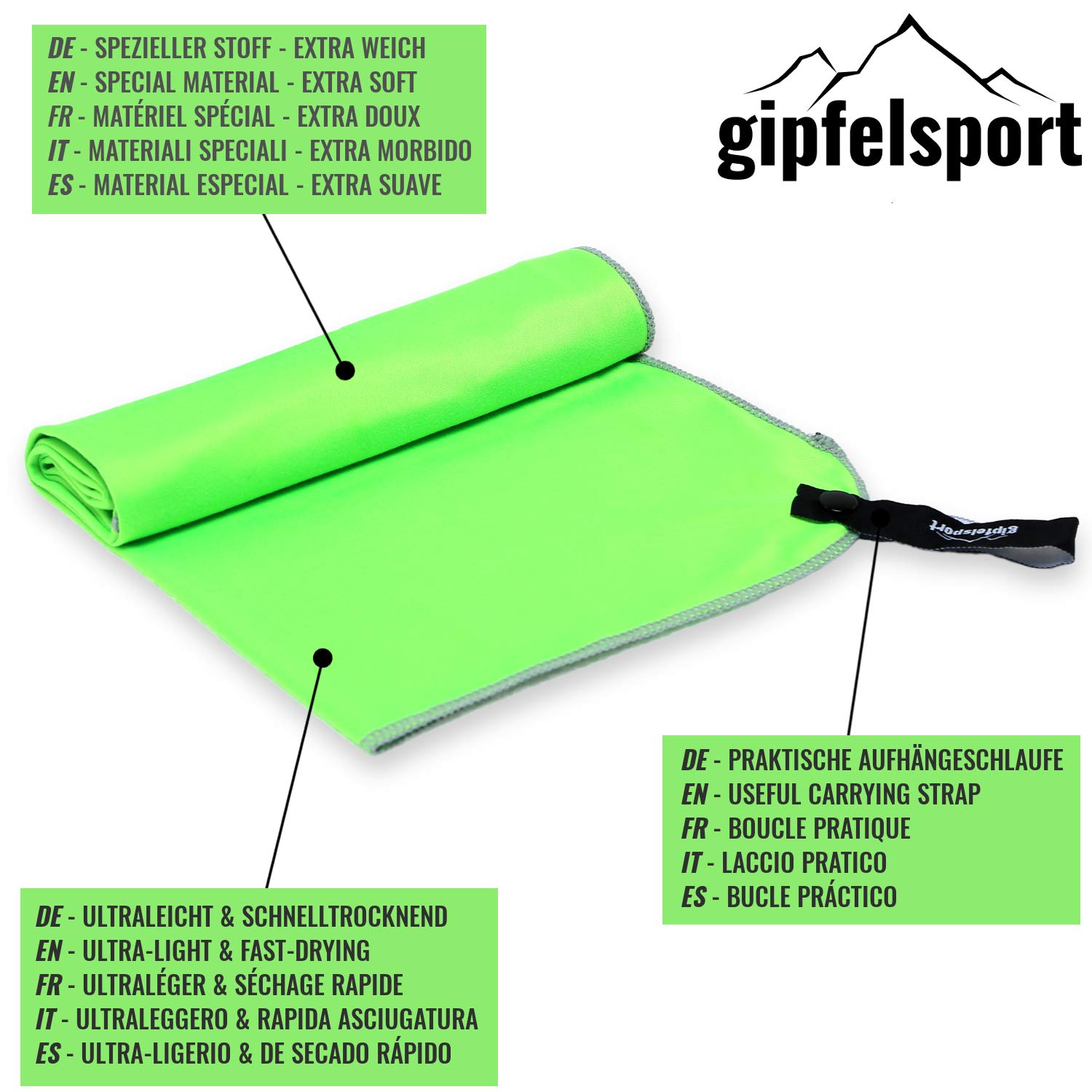 gipfelsport Unisex – ręcznik z mikrofibry dla dorosłych, zielony/szary, M: 120 x 60 cm