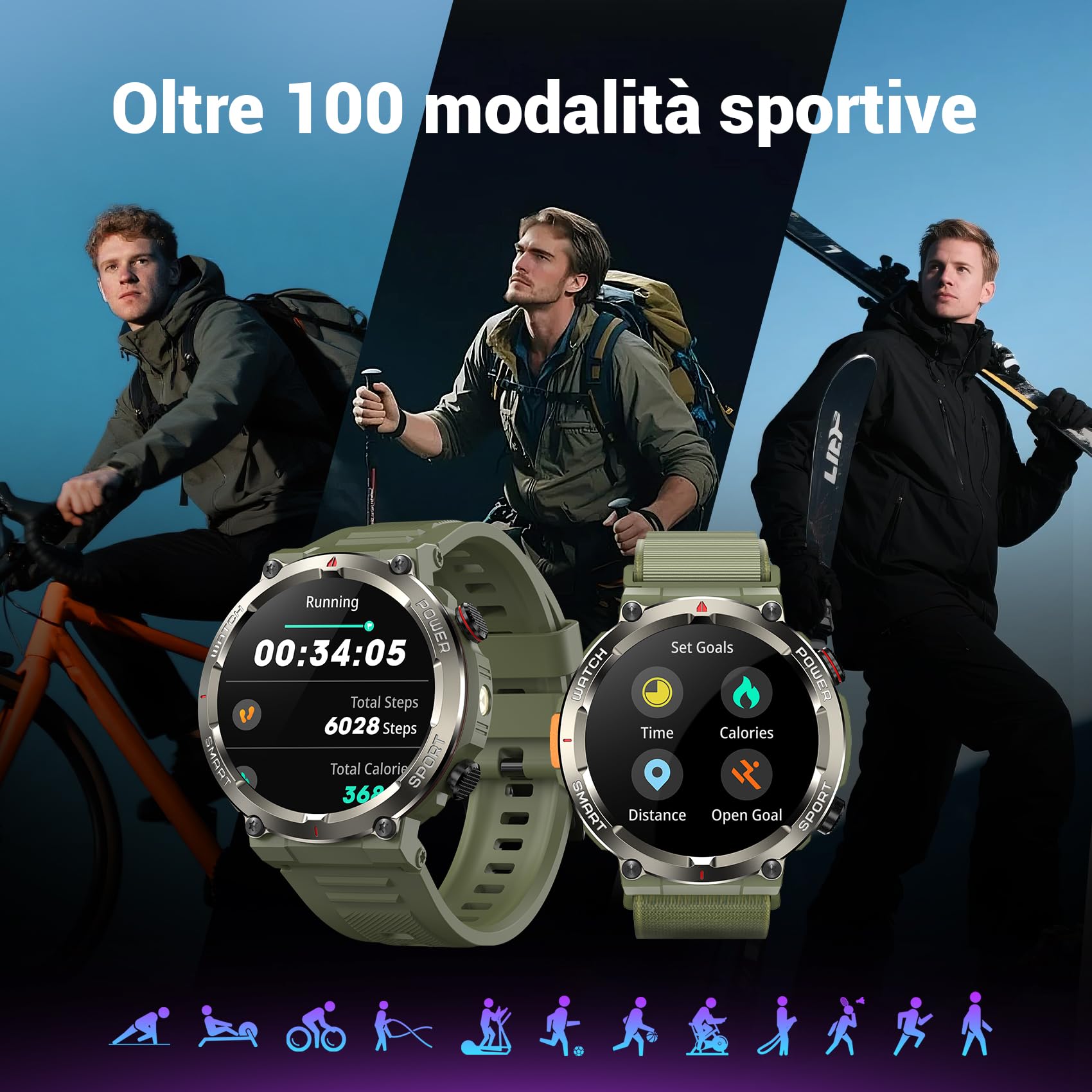 Blackview Smartwatch Uomo, Orologio Intelligente Fitness con Chiamate Bluetooth,1.45" Militari Smart Watch Tracker 100+ Modalità Sportive per Cardiofrequenzimetro,SpO2, Torcia,Bussola per Android iOS