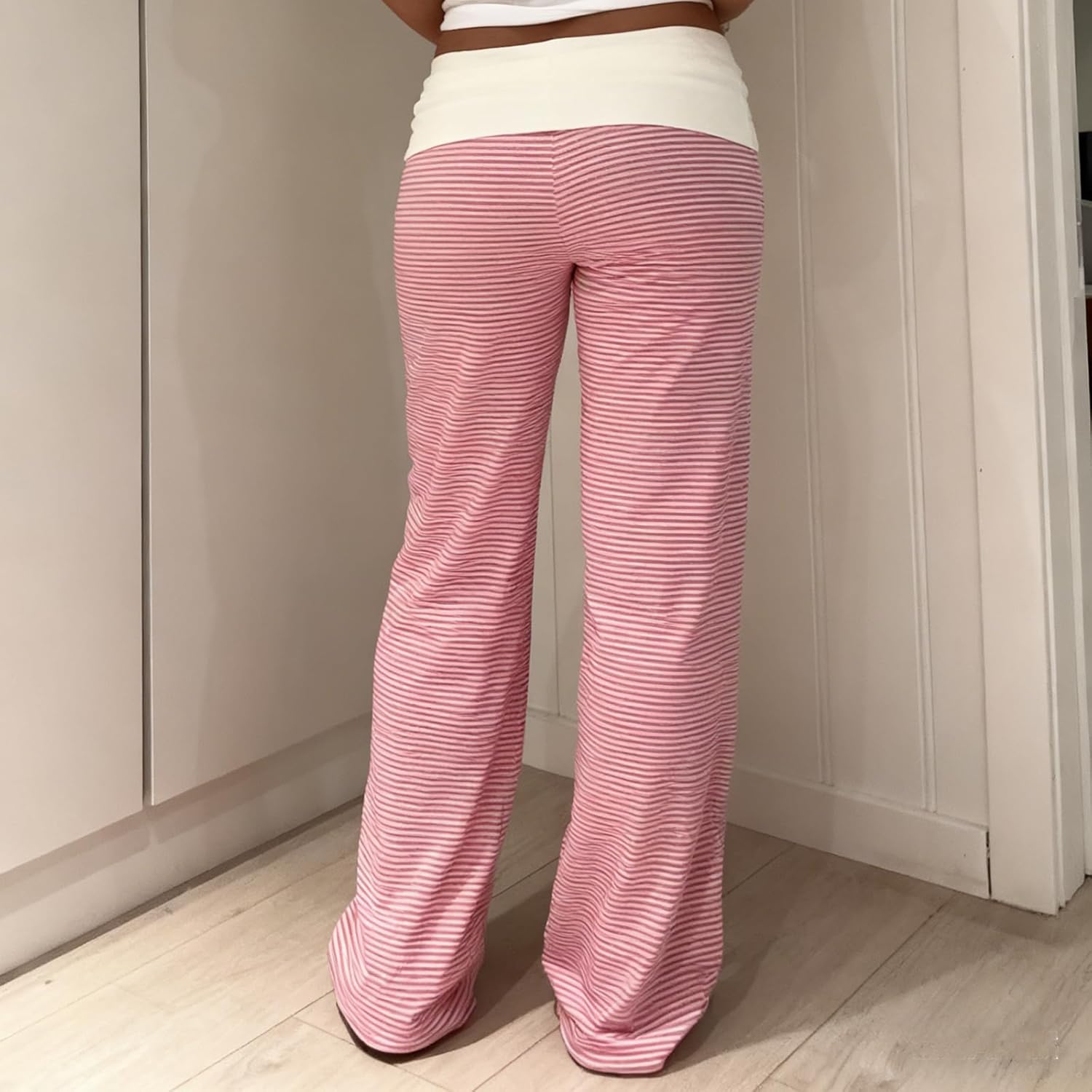 Women Y2K Fold Over Yoga Pants Elastic Low Waist Contrast Color Straight Wide Leg Soft Sweatpants - Image 7